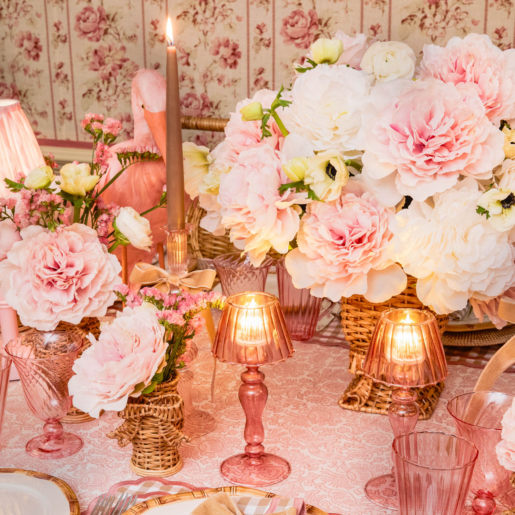 Pink Glass Lantern Tea Light Holder (Pair) - 24cm