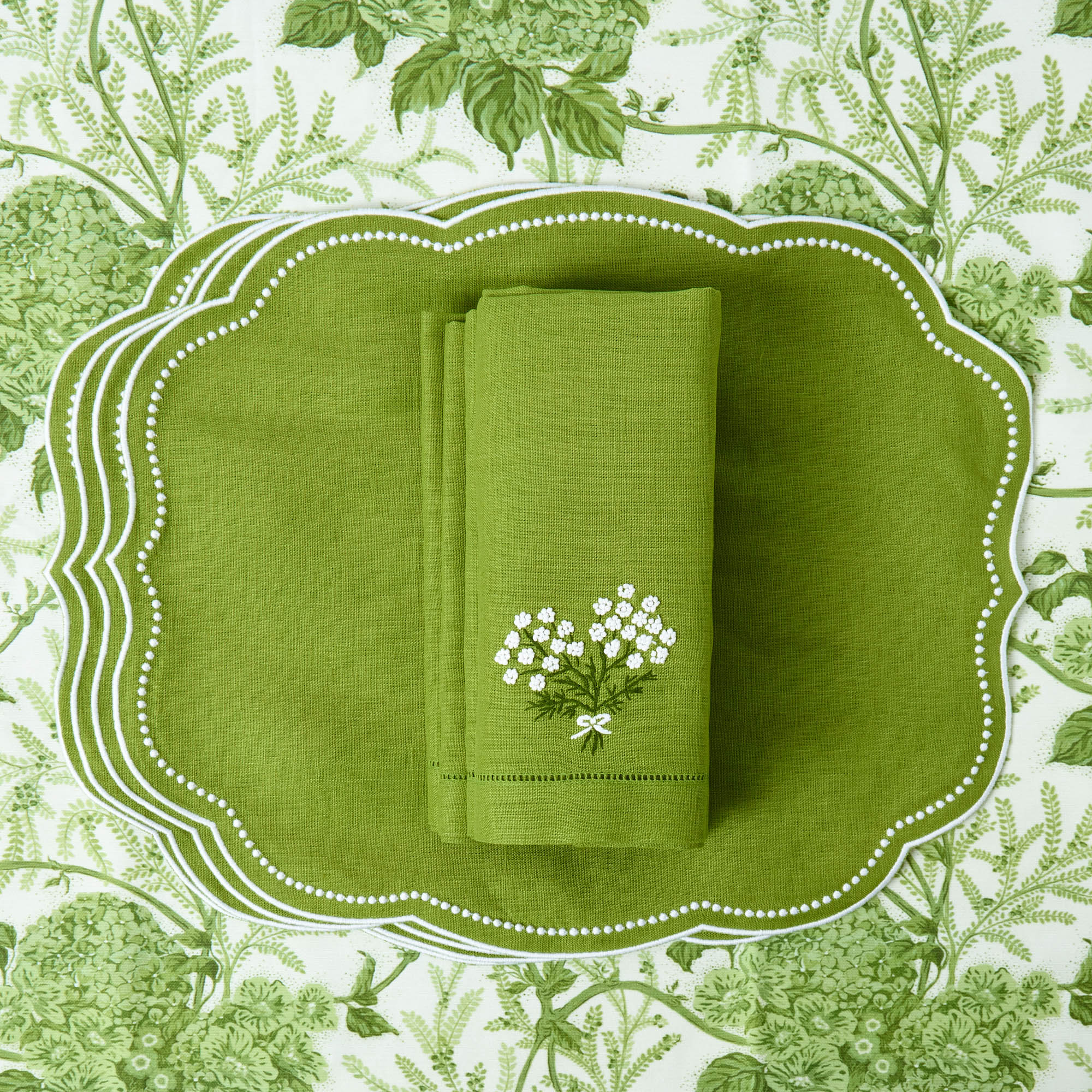 Eloise Green Linen Placemats & Hydrangea Napkins (Set of 4)