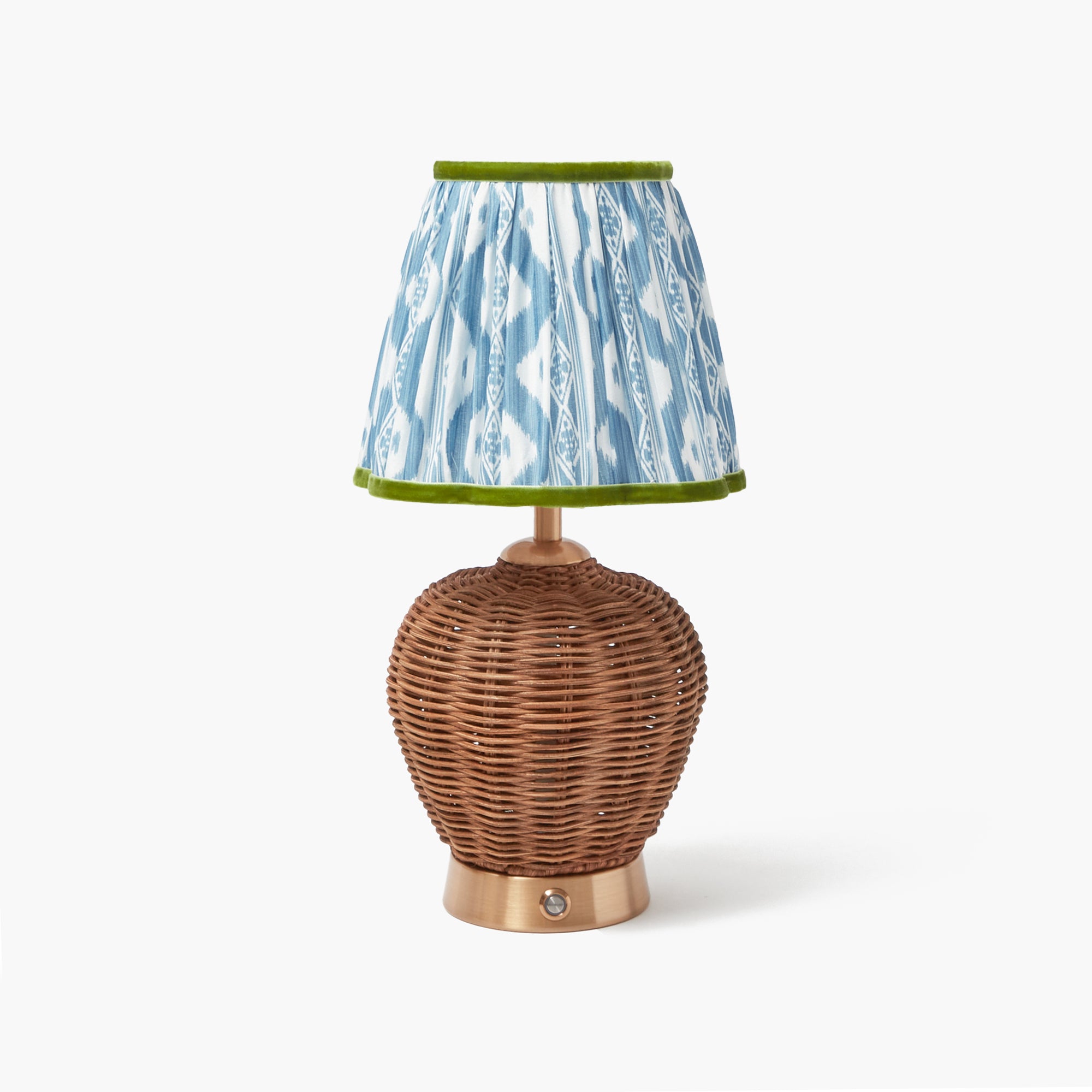 Rattan Ursula Rechargeable Lamp with Blue & Green Ikat Shade (18cm)