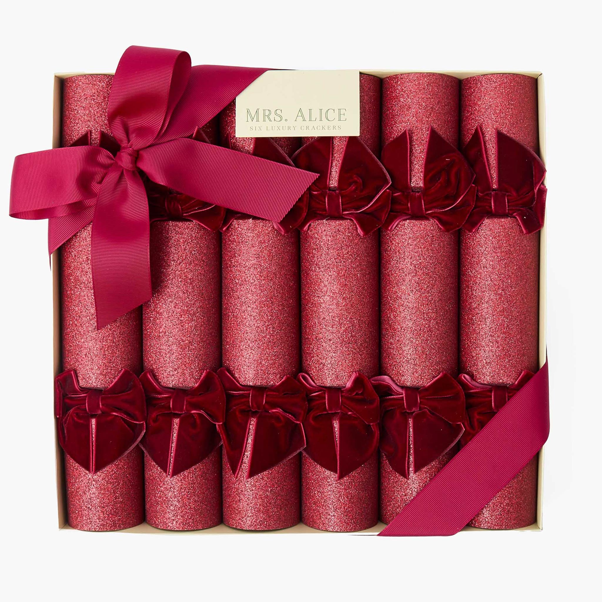 Burgundy Glitter Crackers With Merlot Velvet Bows (Set of 6)
