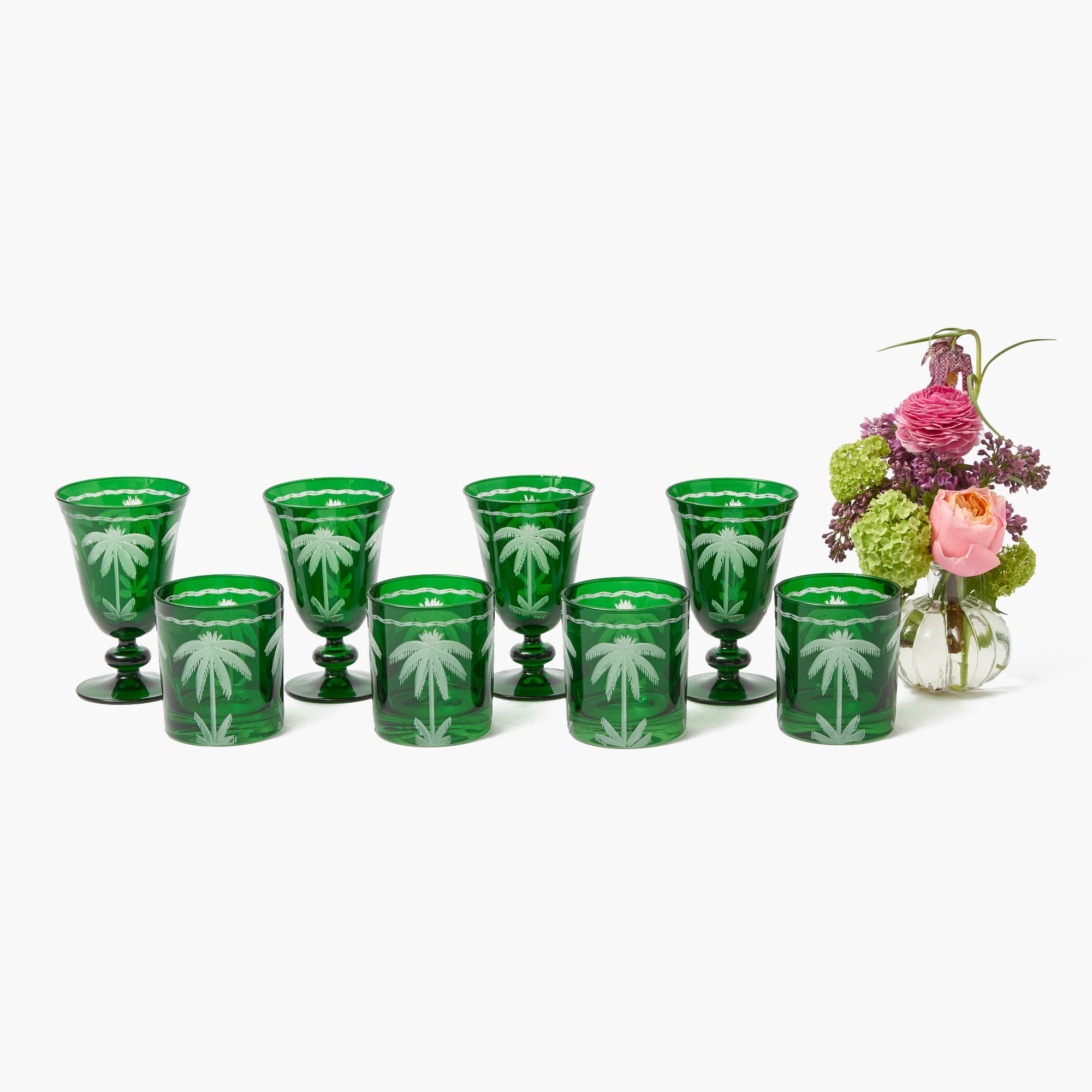 Emerald Palm Tree Glassware (Set of 8)