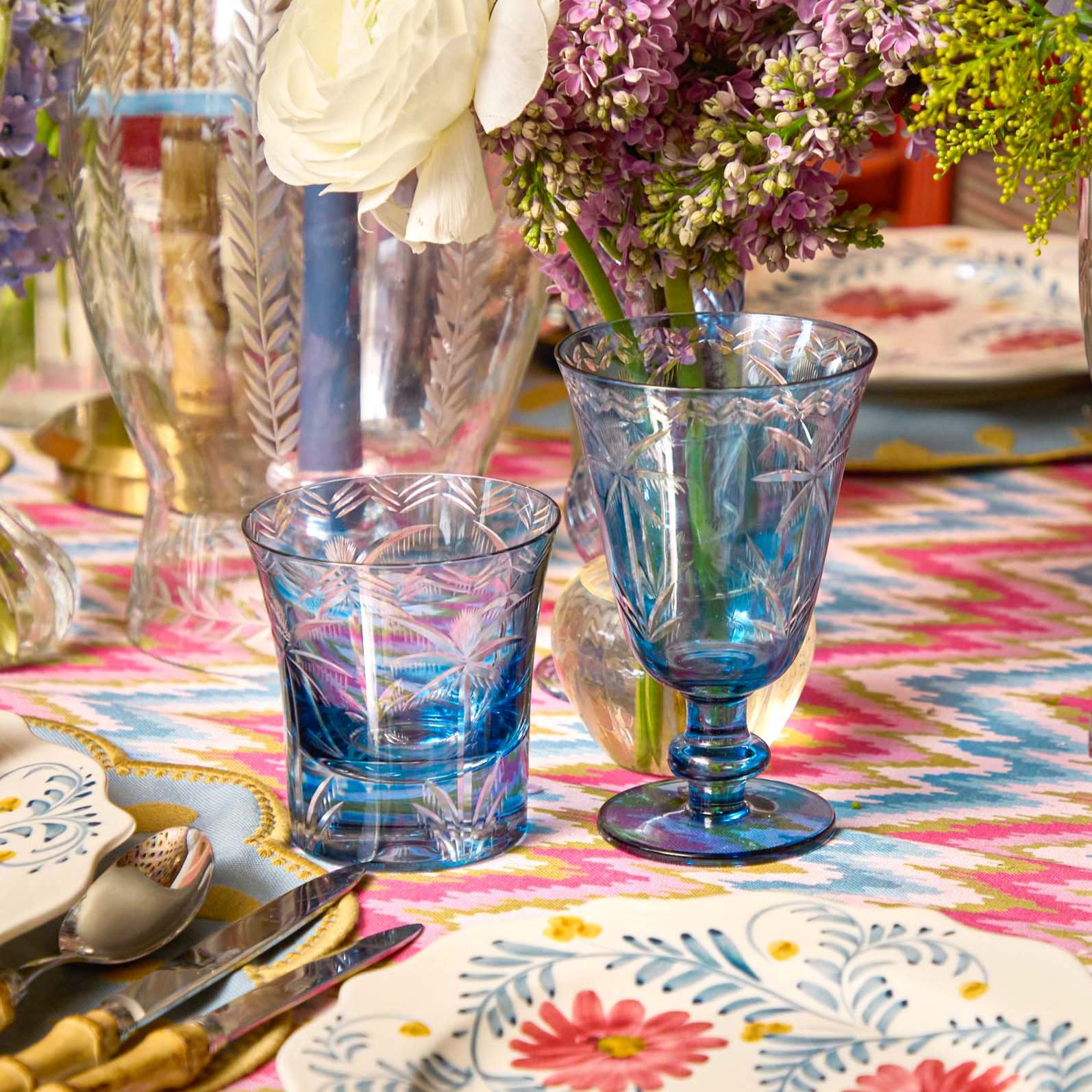 Blue Palm Water Glasses (Set of 4)