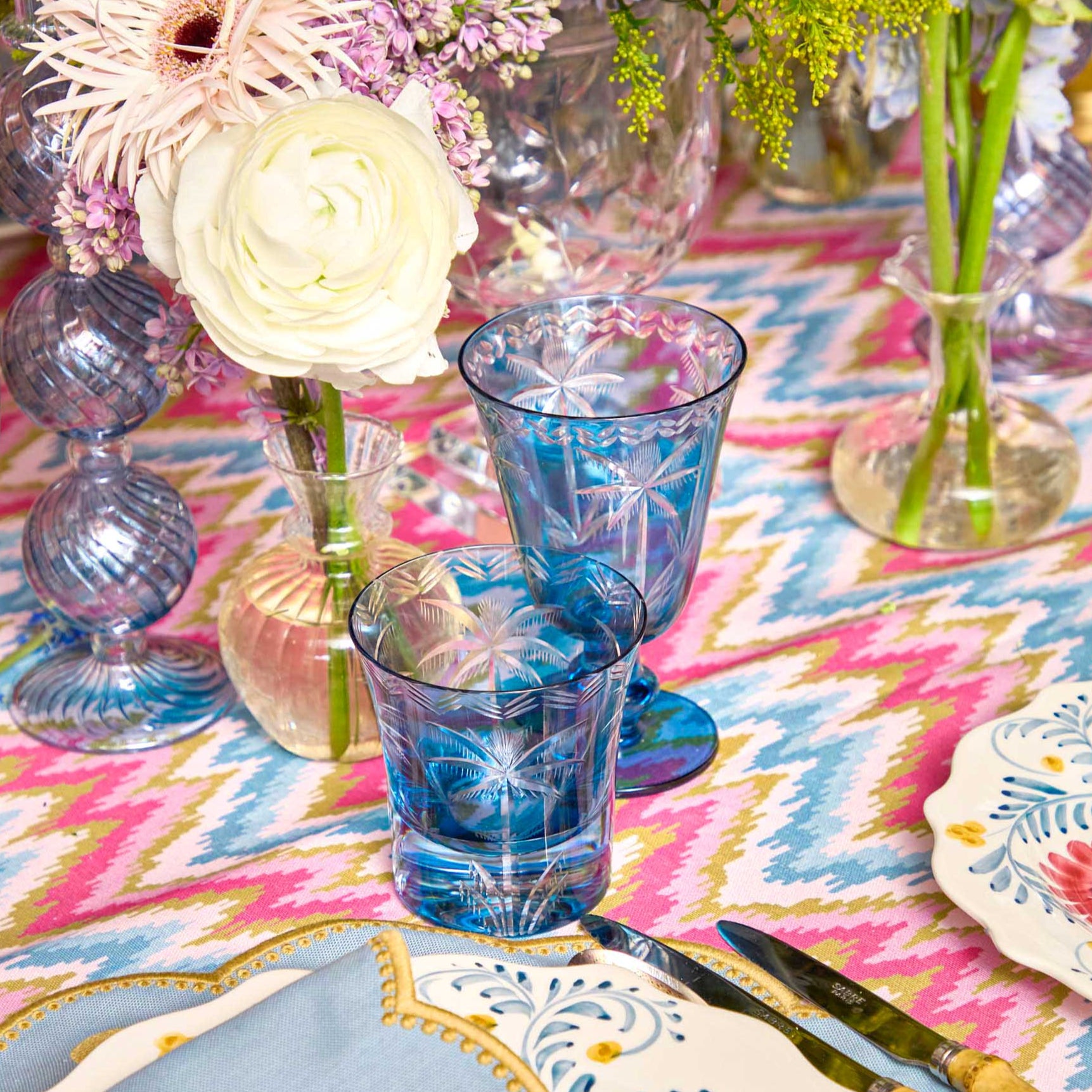 Blue Palm Water Glasses (Set of 4)