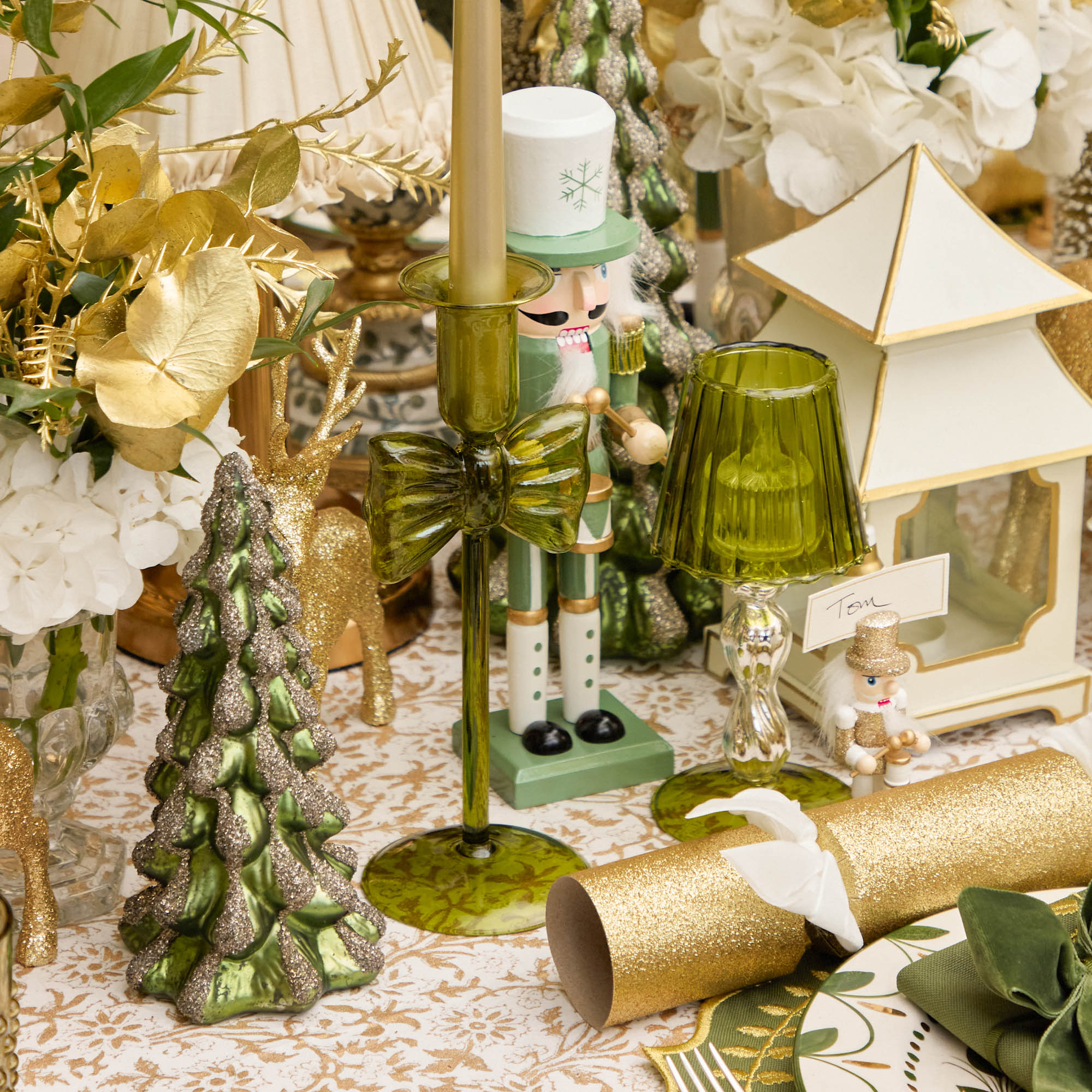 Celine Green Glass Bow Candlescape (Gold)