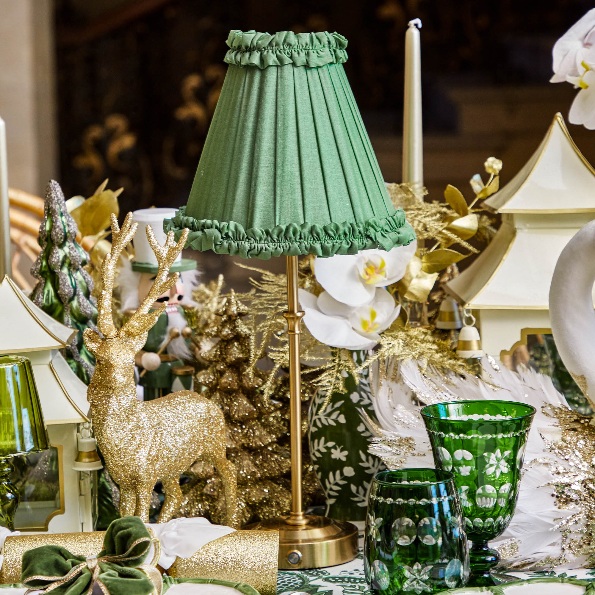 Edie Tall Rechargeable Lamp with Green Frilled Silk Shade (18cm)