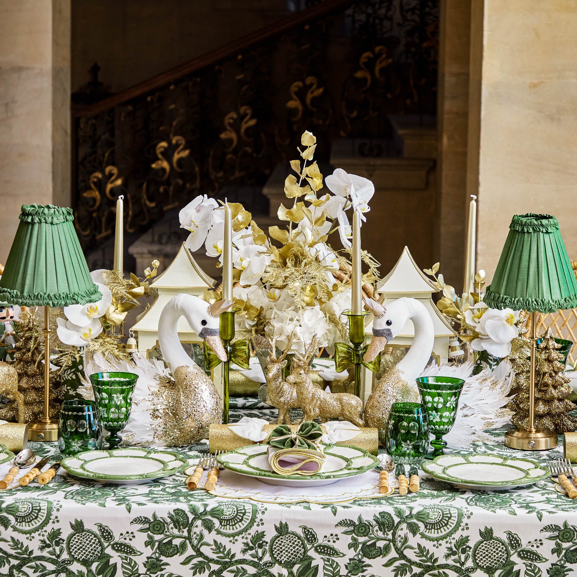 Edie Tall Rechargeable Lamp with Green Frilled Silk Shade (18cm)