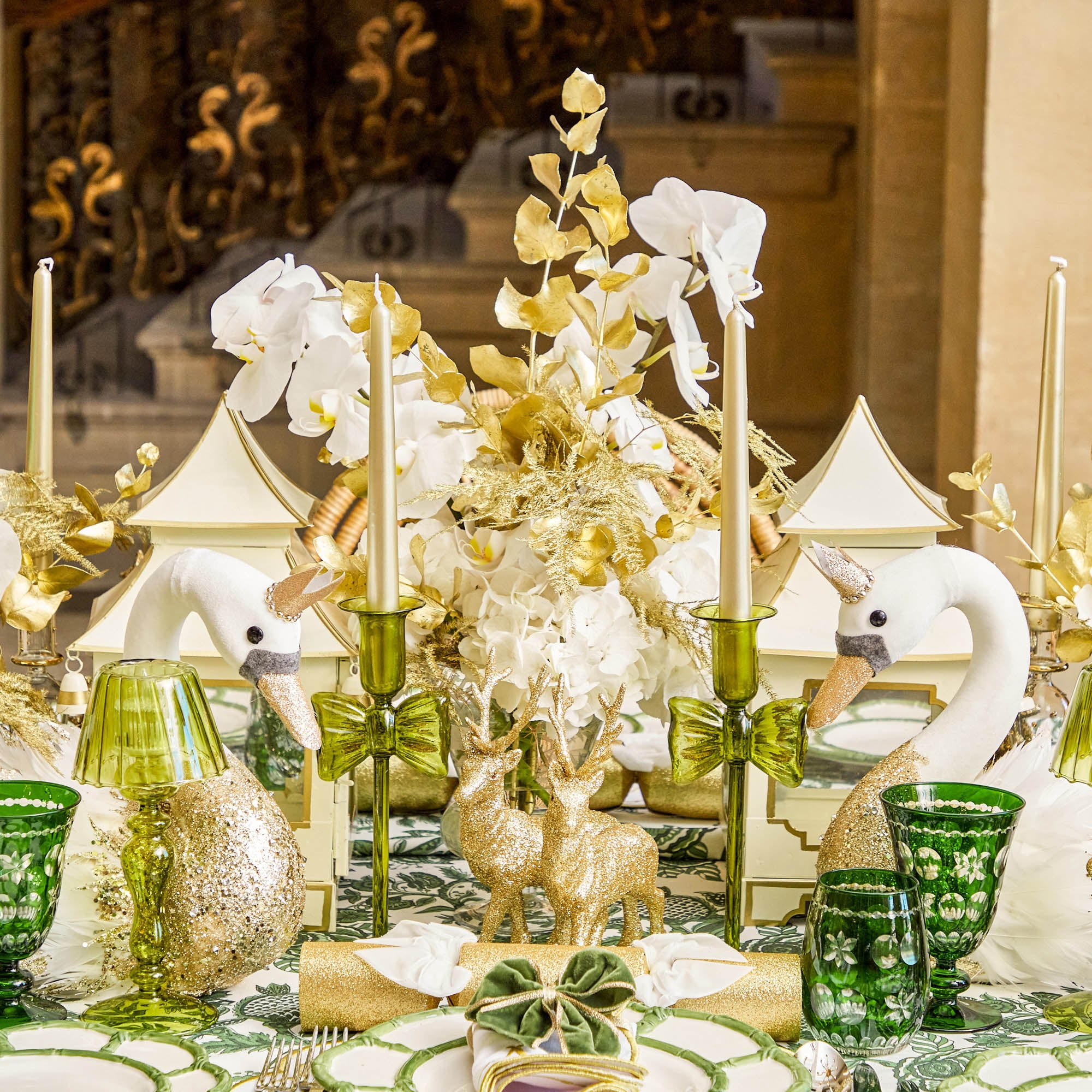 Celine Green Glass Bow Candlescape (Gold)