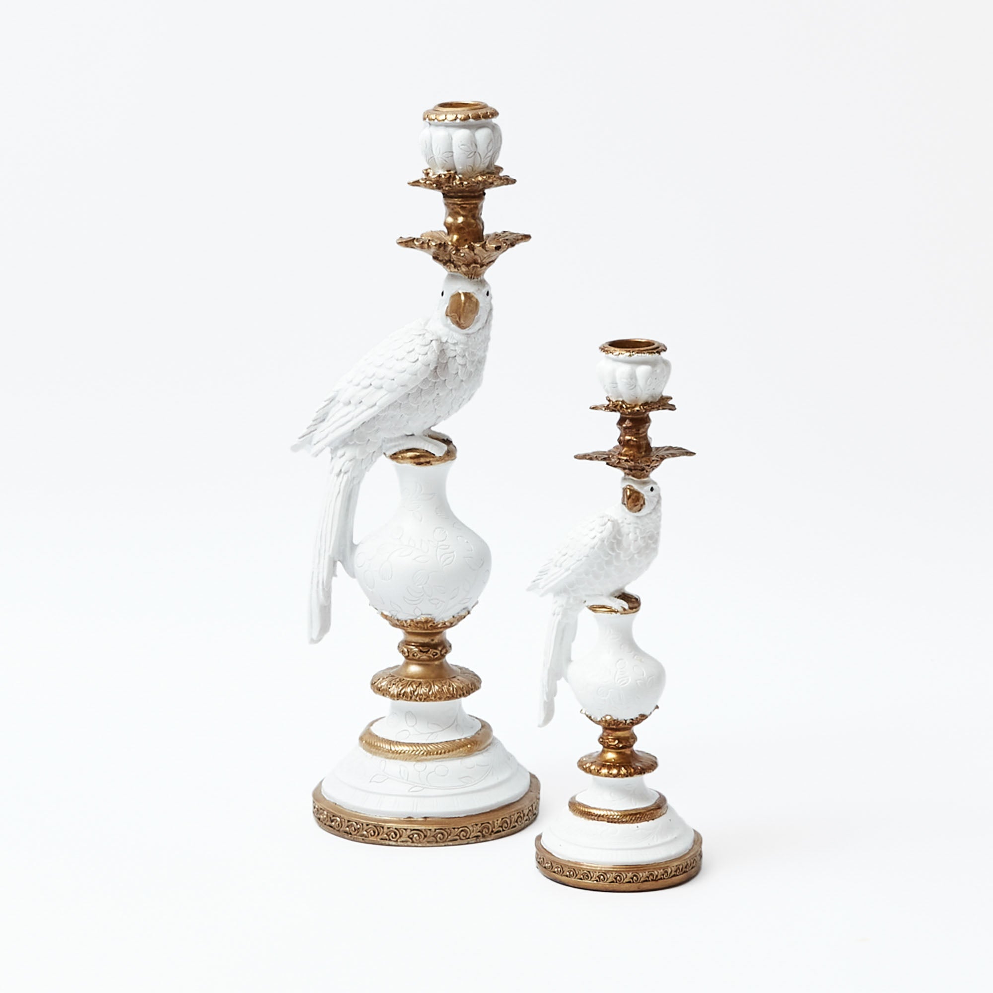 Artisanal White Parrot Candle Holder Pair for stylish settings.