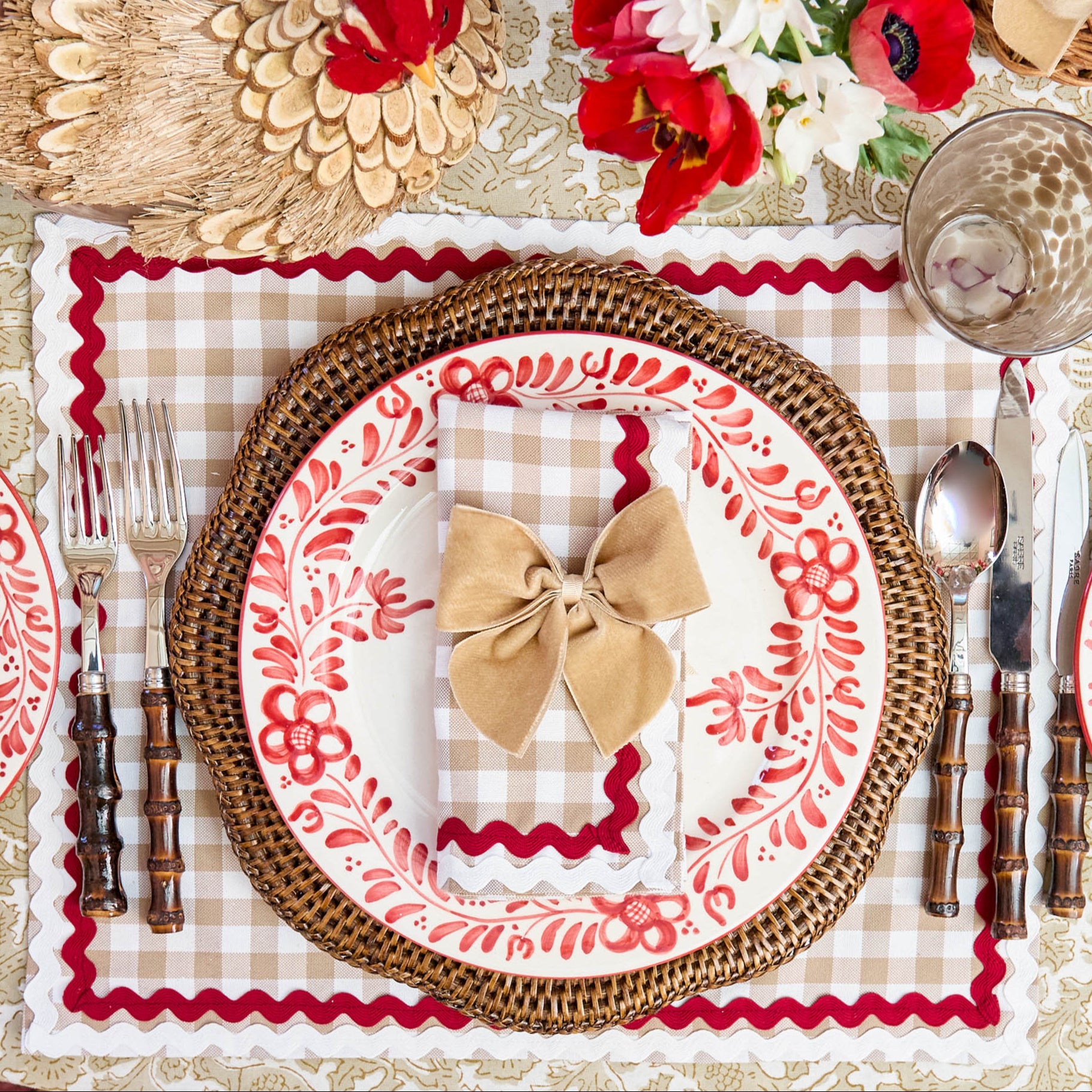 Rossina Putty Gingham & Red Placemats & Napkins (Set of 4)