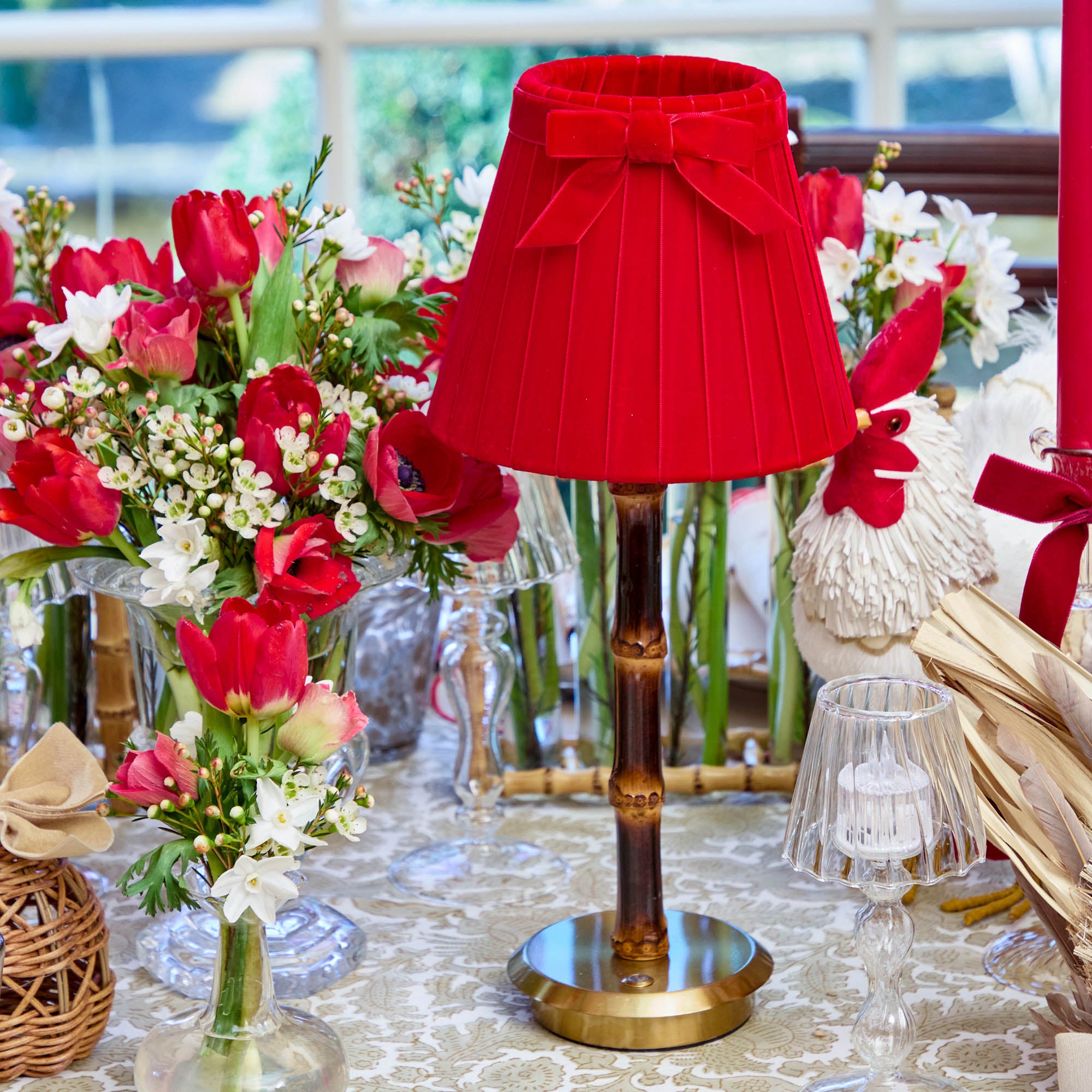 Burnt Bamboo Rechargeable Lamp with Red Velvet Bow Shade (18cm)