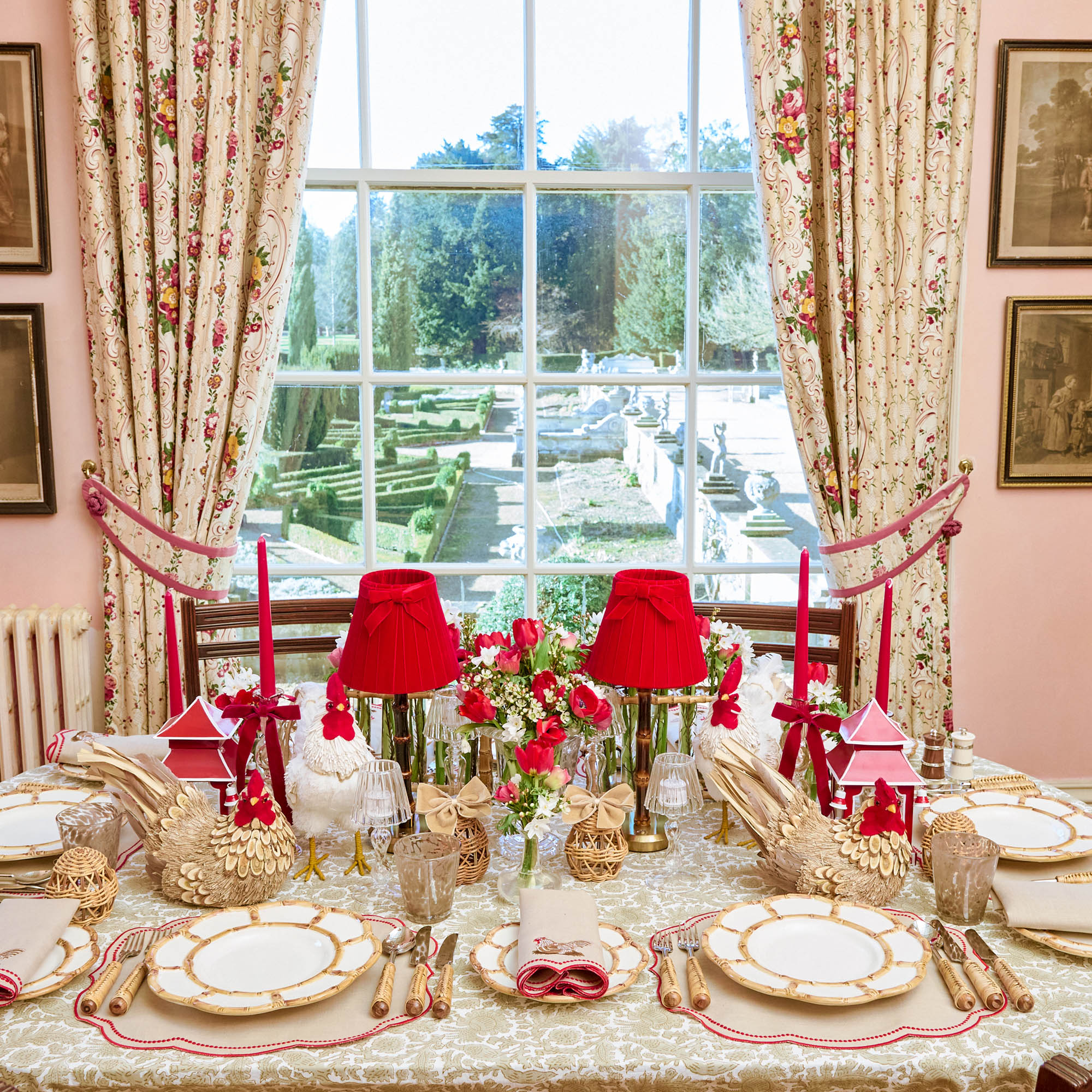 Burnt Bamboo Rechargeable Lamp with Red Velvet Bow Shade (18cm)