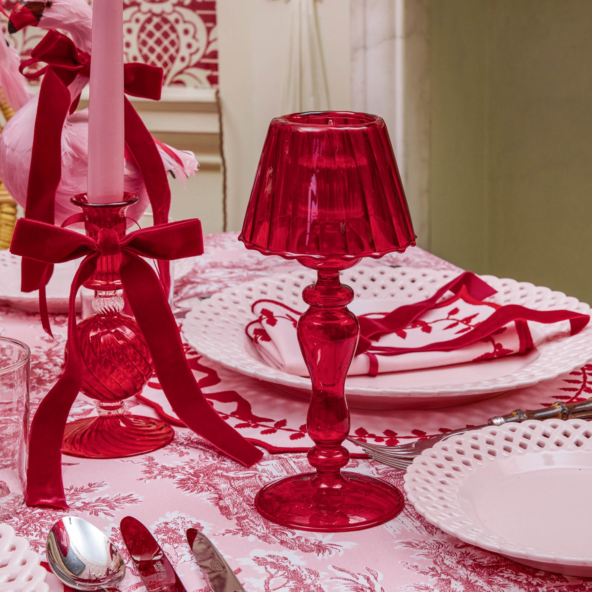 Red Glass Lantern Tea Light Holder (Pair) - 24 cm