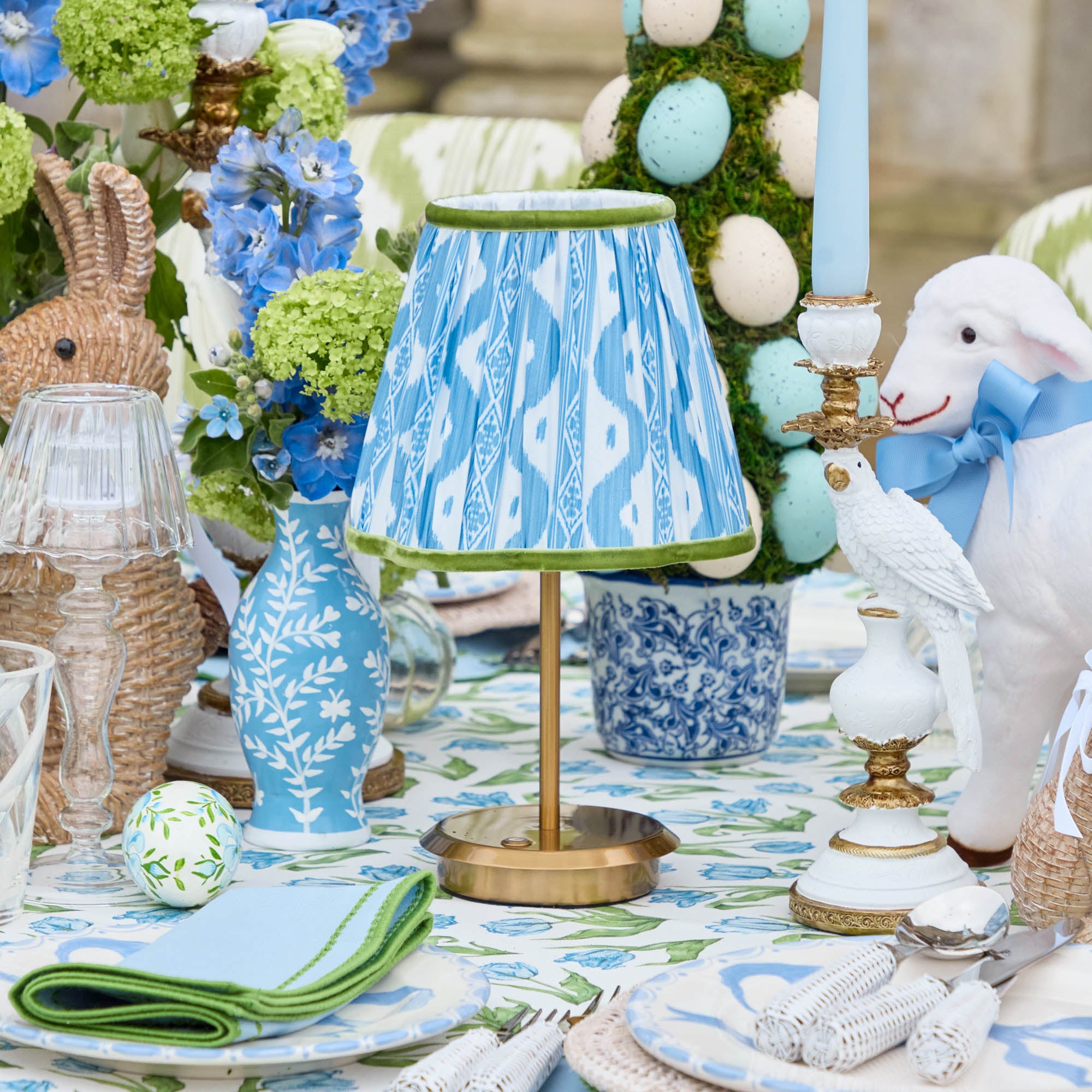 Short Rechargeable Lamp with Blue & Green Ikat Shade (18cm)