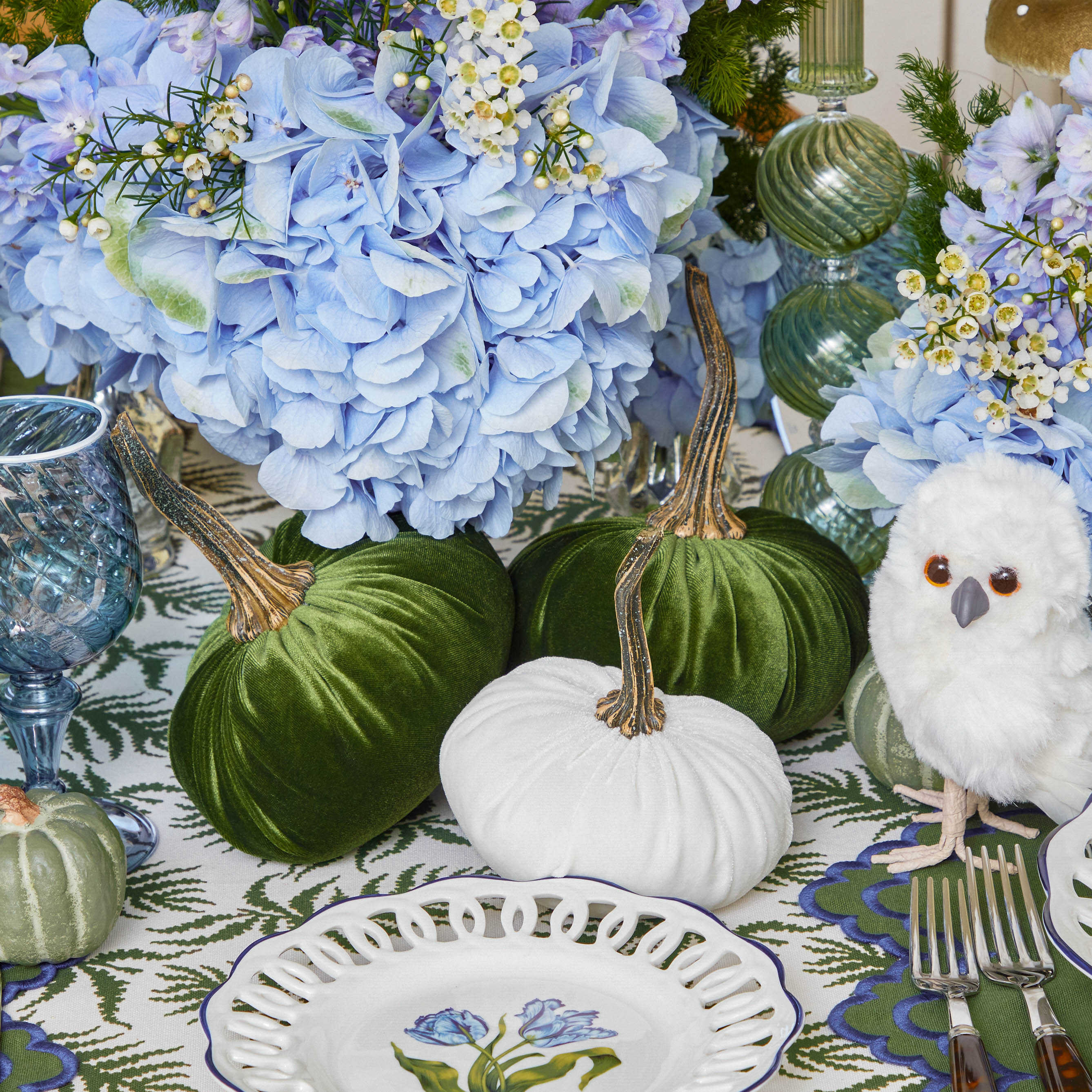 Moss Green & White Velvet Pumpkin Family