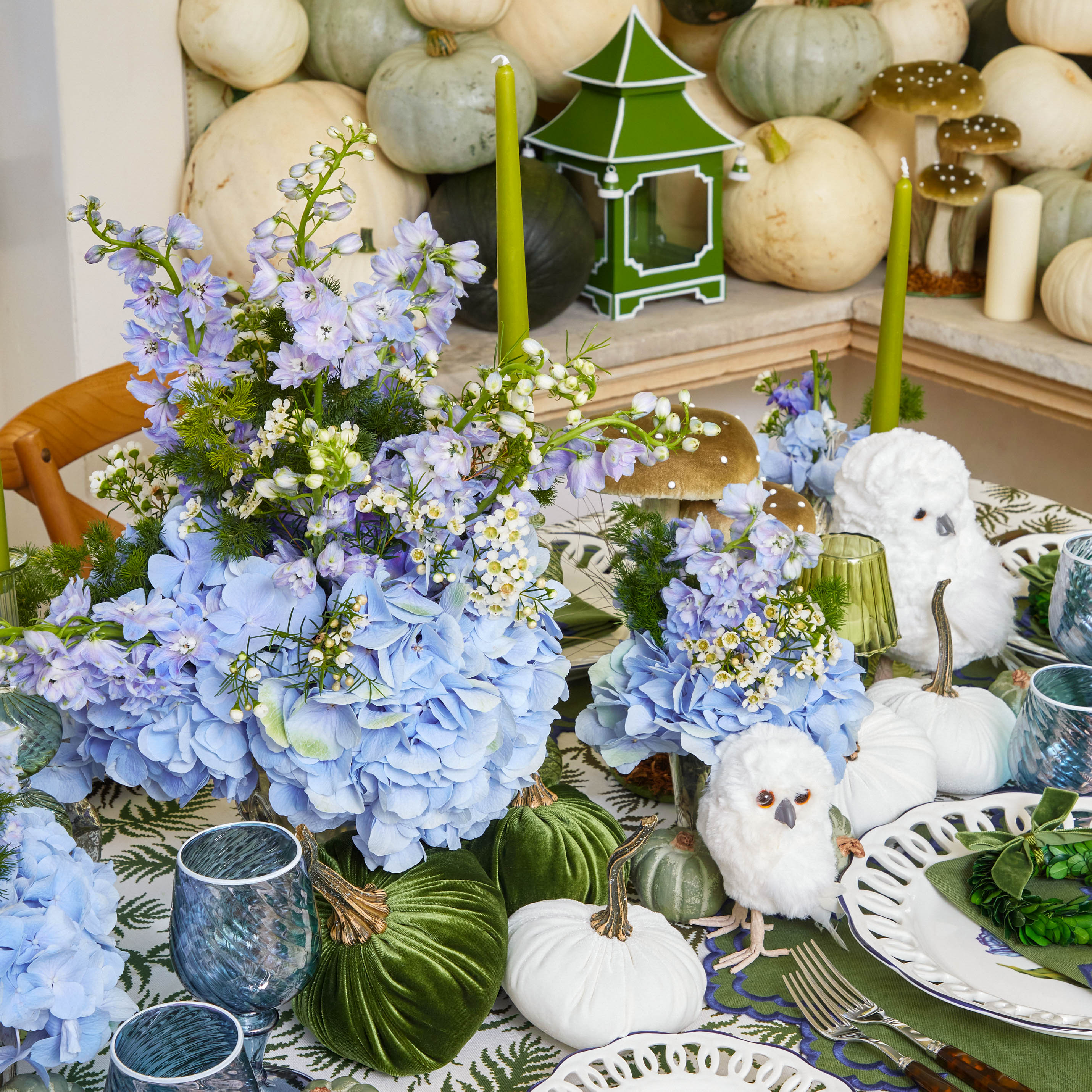 Moss Green & White Velvet Pumpkin Family