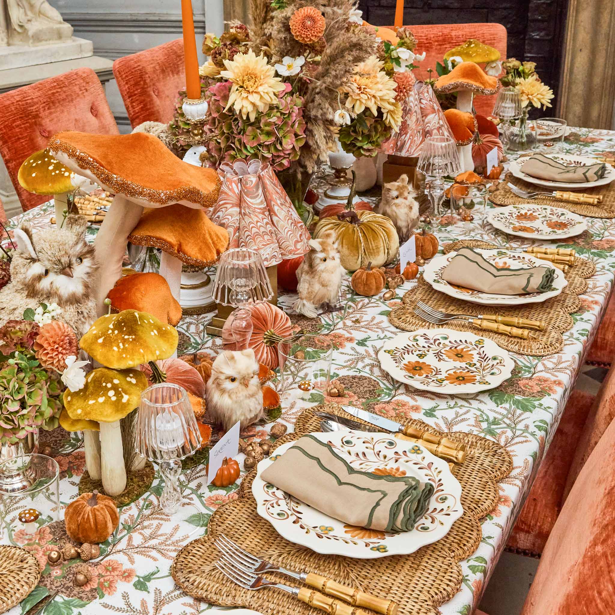 Tall Orange Beaded Velvet Mushrooms (Set of 4)