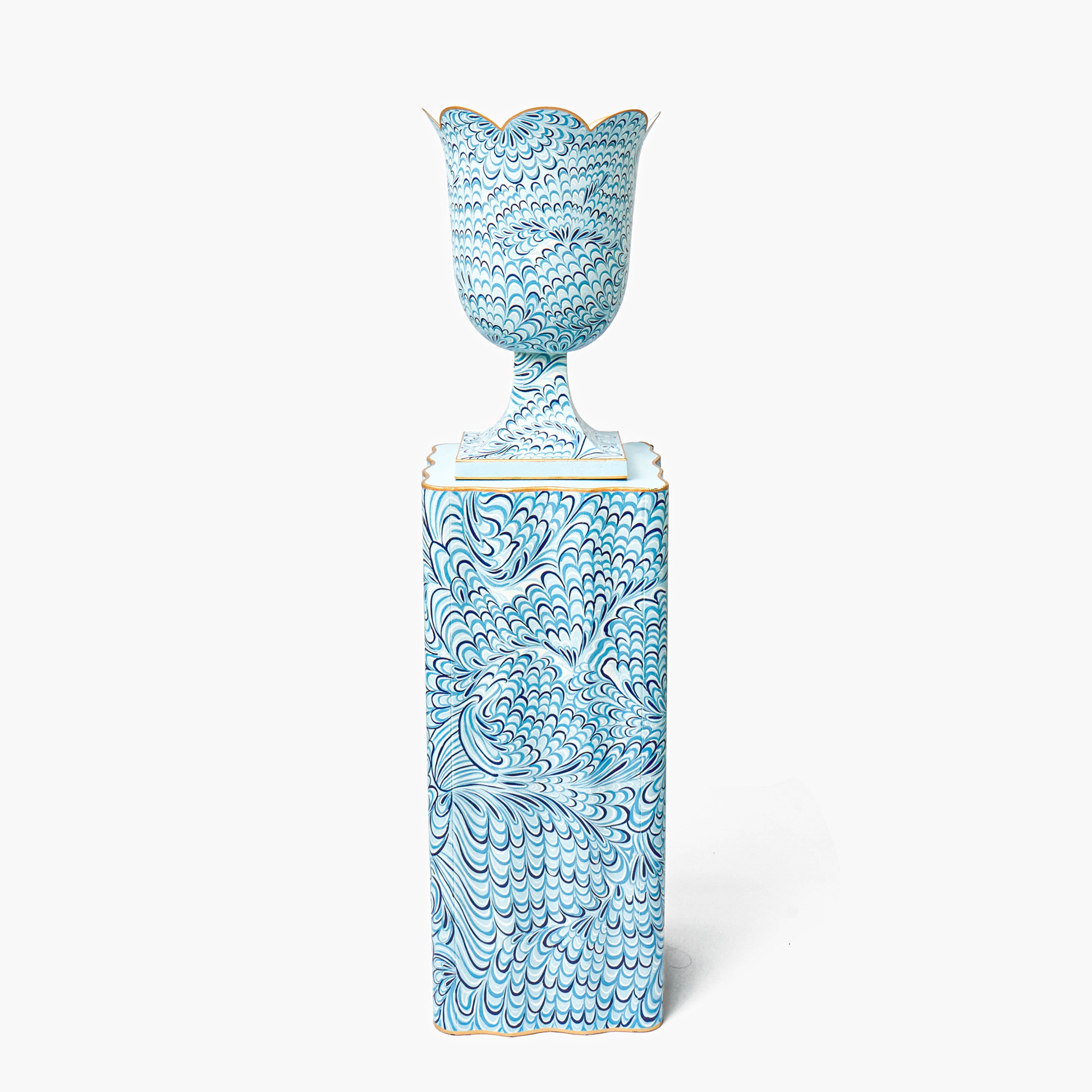 Mrs. Alice Blue Marble-Effect Urn on a classical pedestal plinth for luxury entryway decor