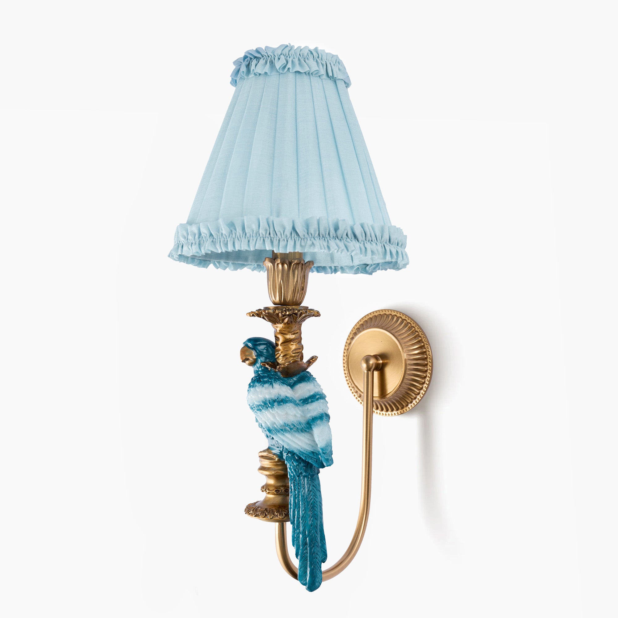 Blue Parrot Rechargeable Wall Light with Soft Blue Frilled Silk Shade (18cm)