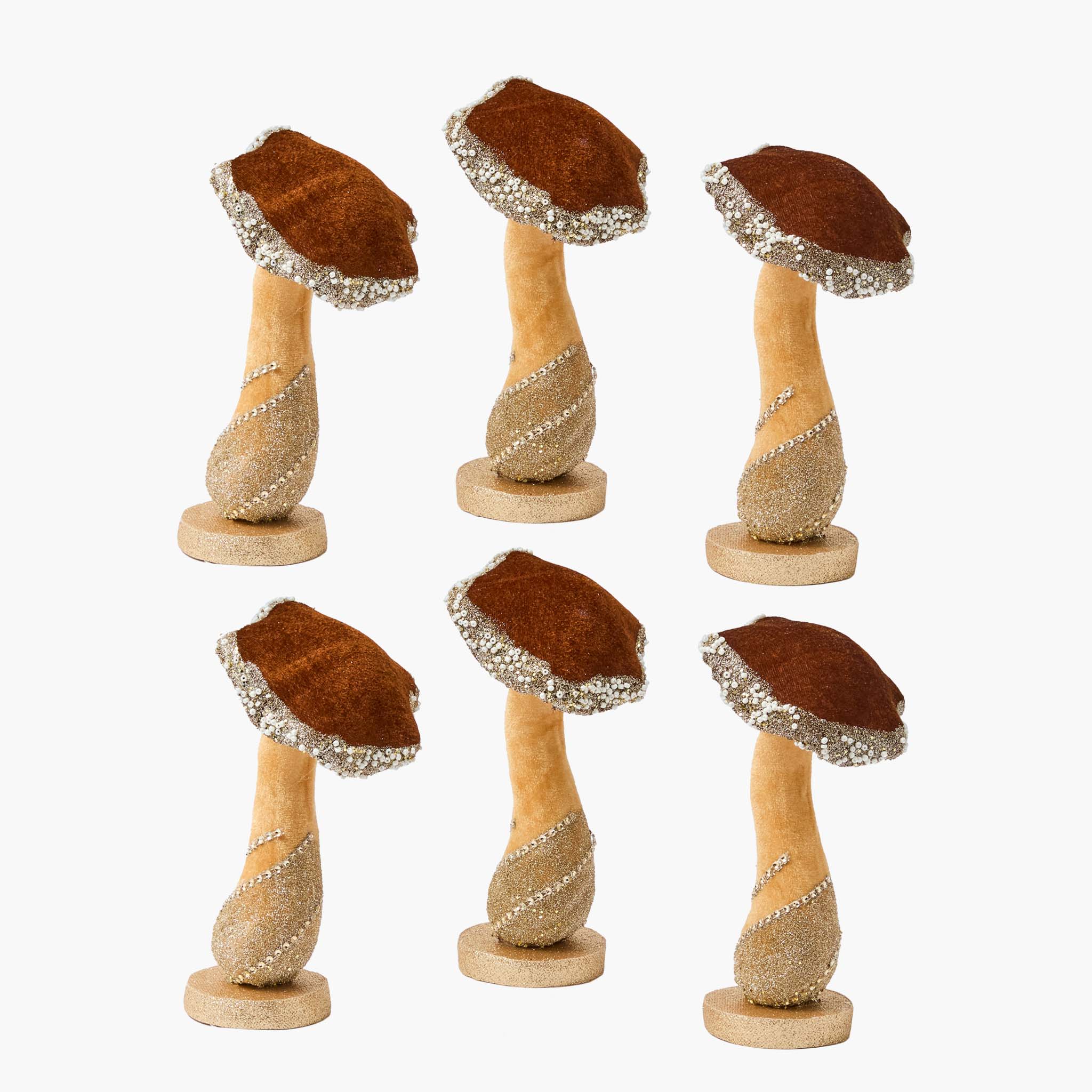 Chocolate Glitter Beaded Velvet Mushroom (Set of 6)