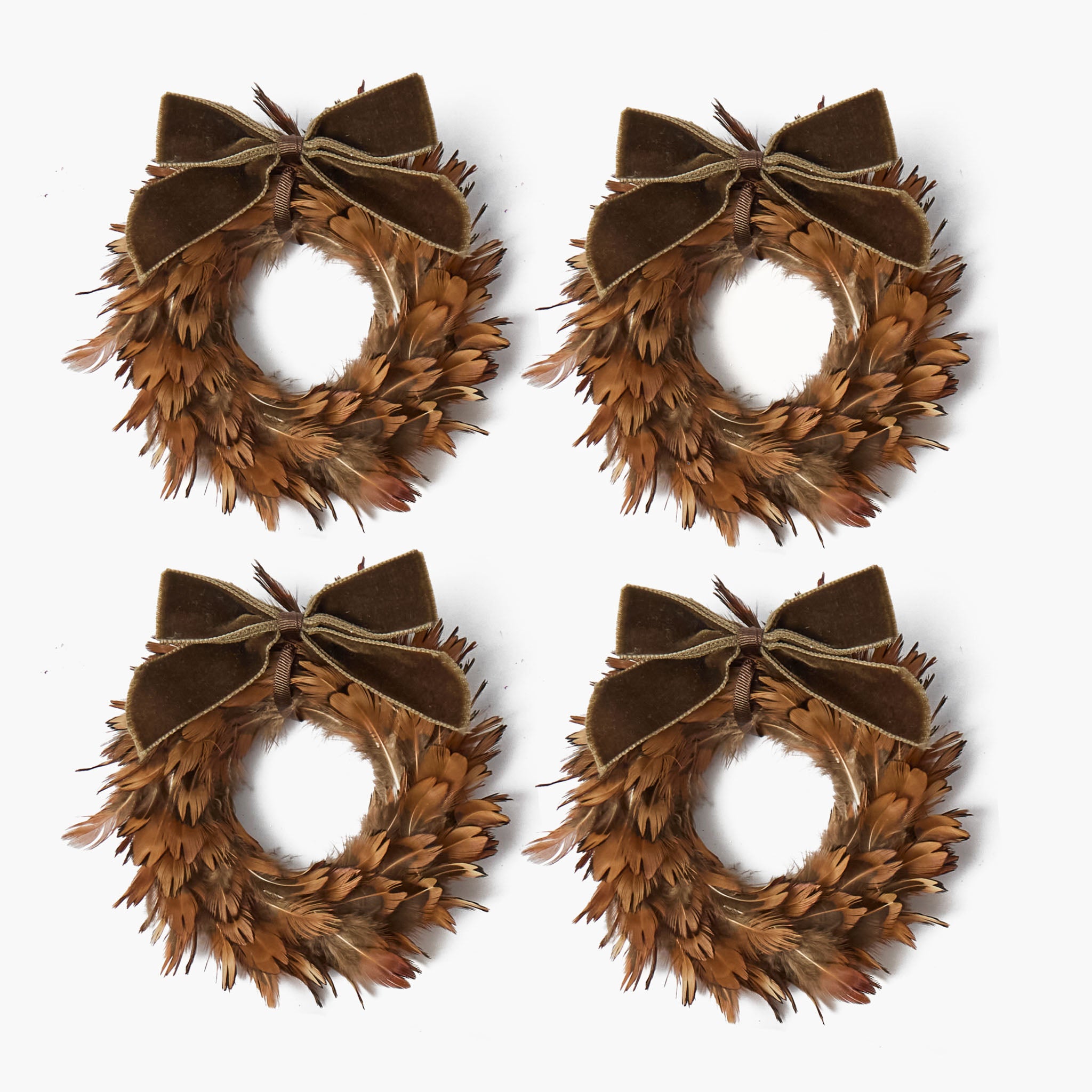 Feather Wreath with Chocolate Velvet Bows (Set of 4)