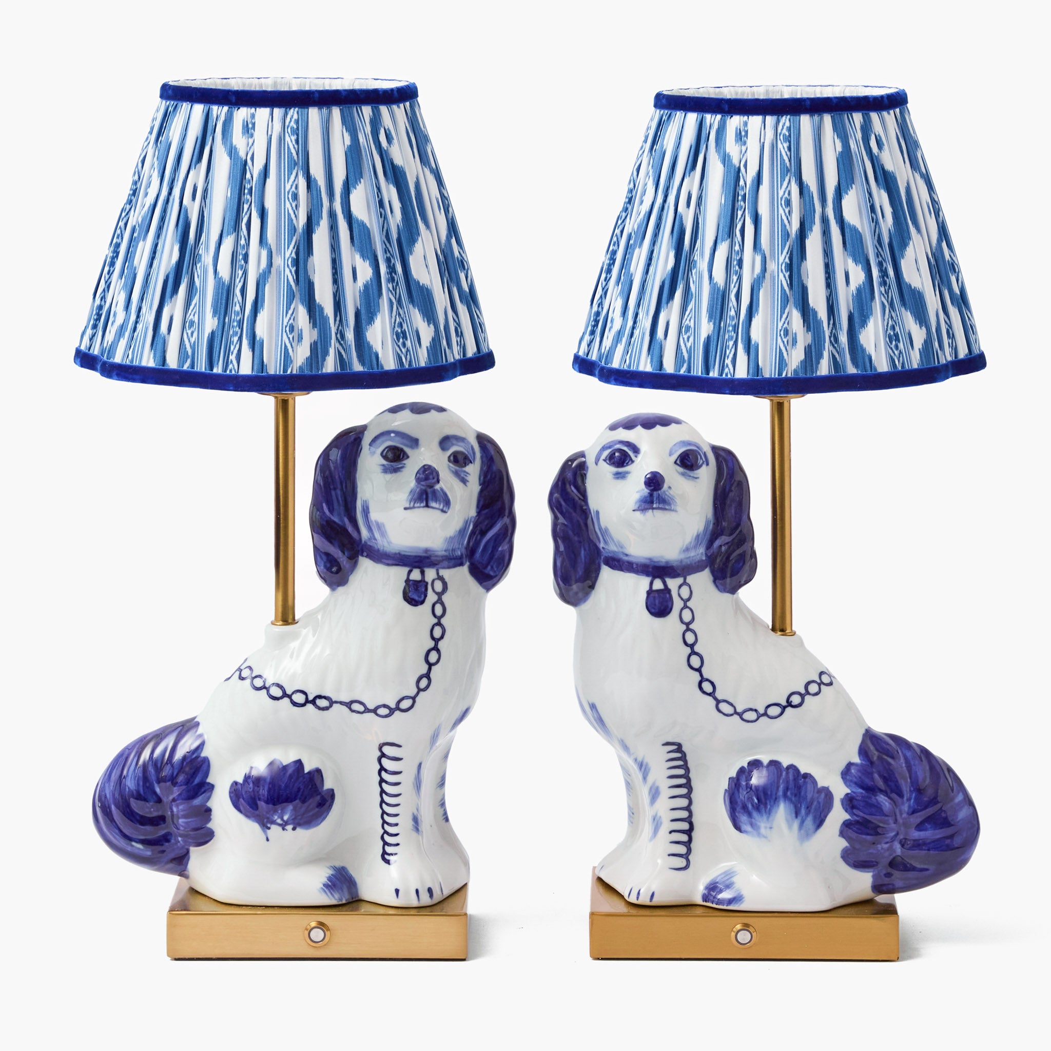 Rechargeable Staffordshire Dog Lamp with Cobalt Ikat Shade (22cm)
