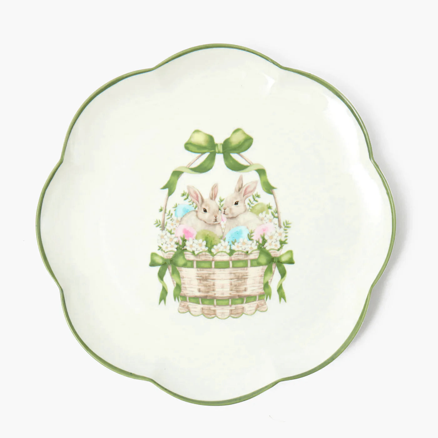 Decorative plate with Easter design featuring bunnies and a basket on a white background