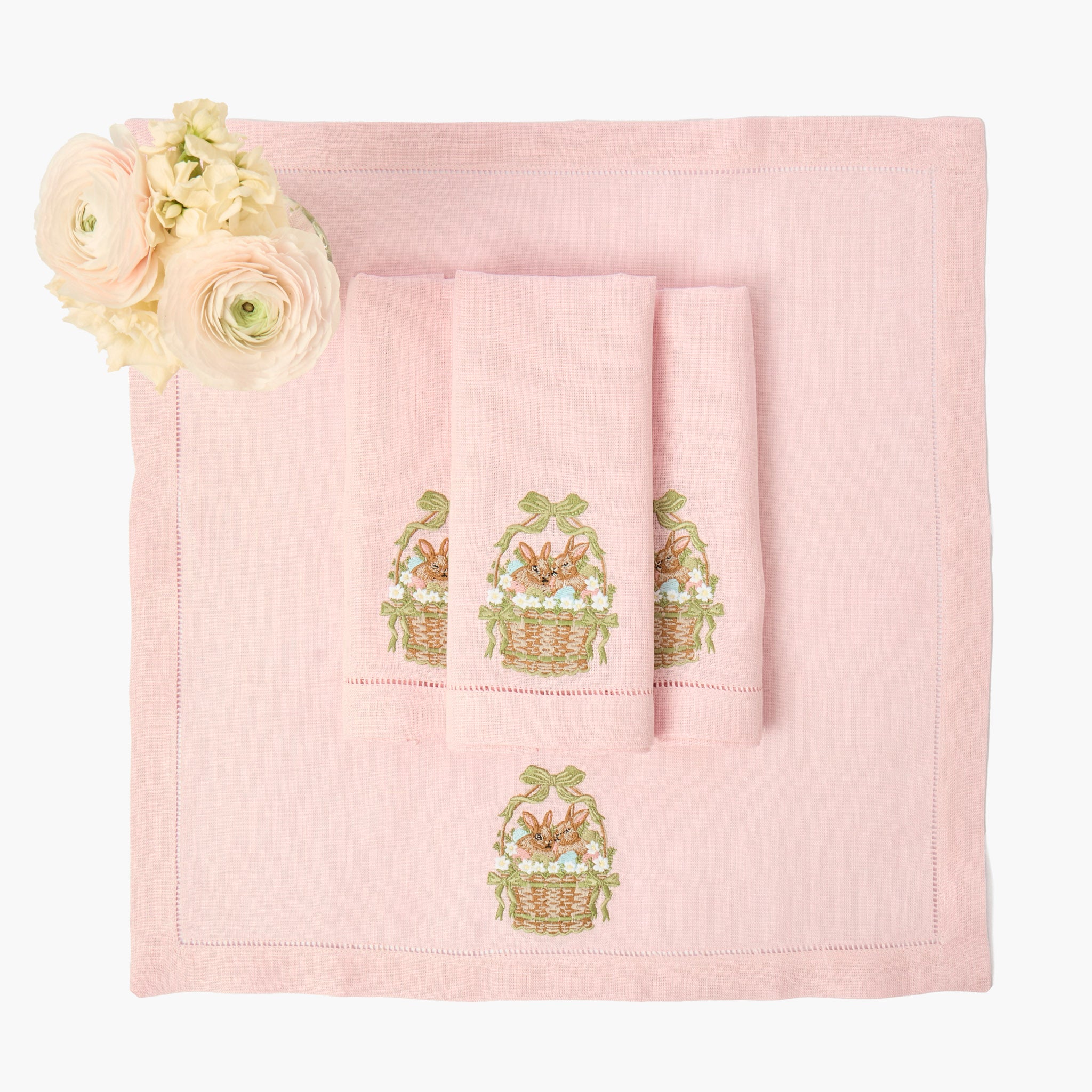Bunnies in Basket Linen Embroidered Napkins (Set of 4)