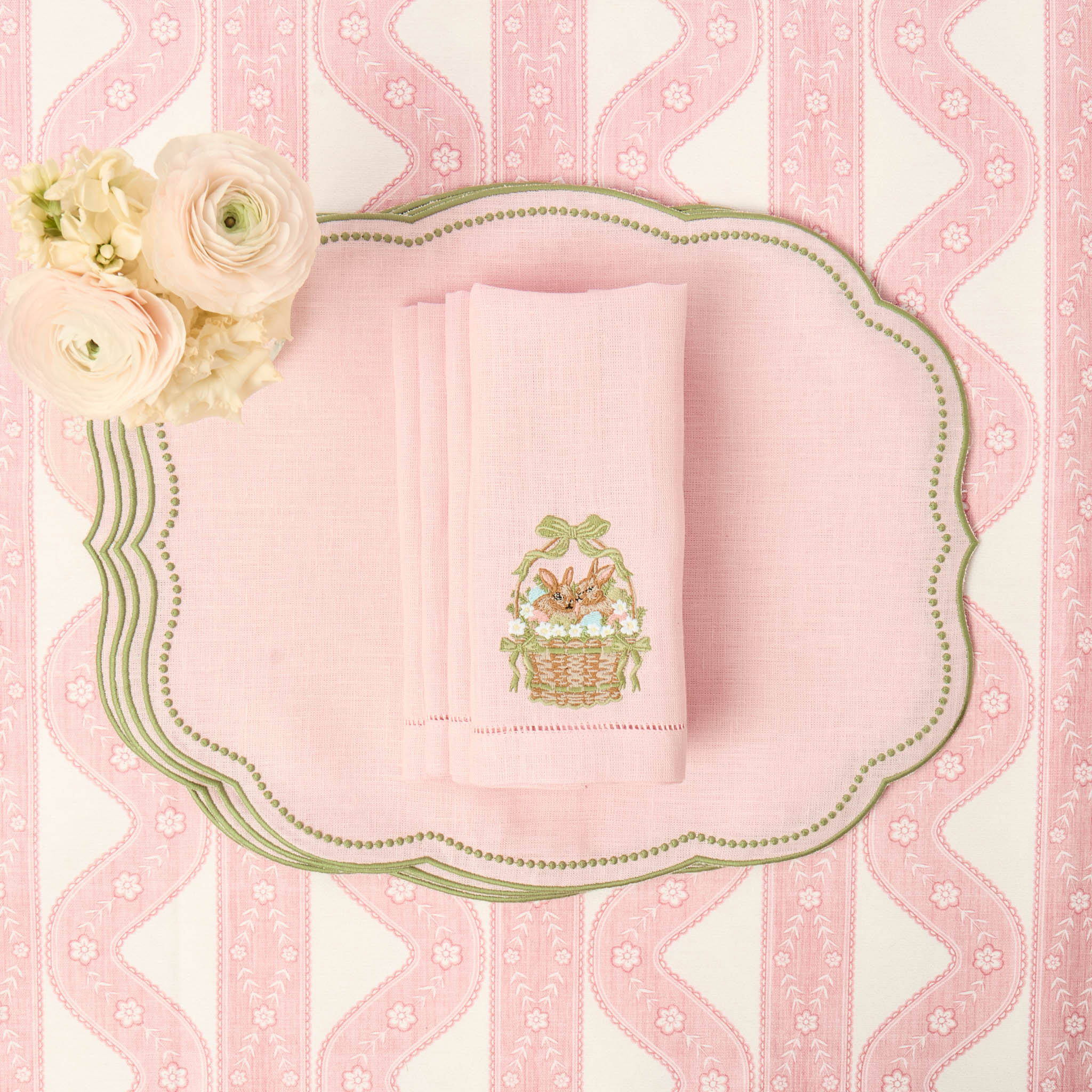 Eloise Pink & Green Linen Placemats & Bunnies in Basket Napkins (Set of 4)