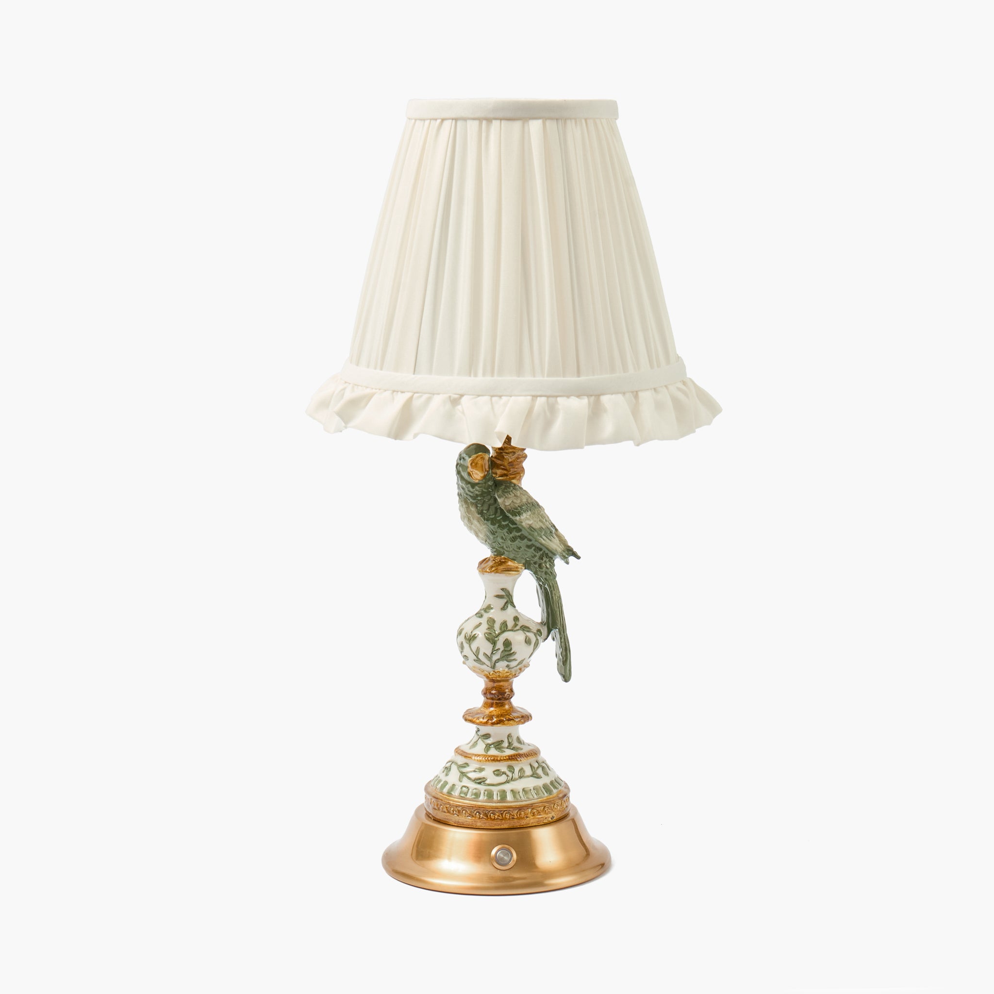 Olive Parrot Rechargeable Lamp with Cream Ruffle Shade (18cm)