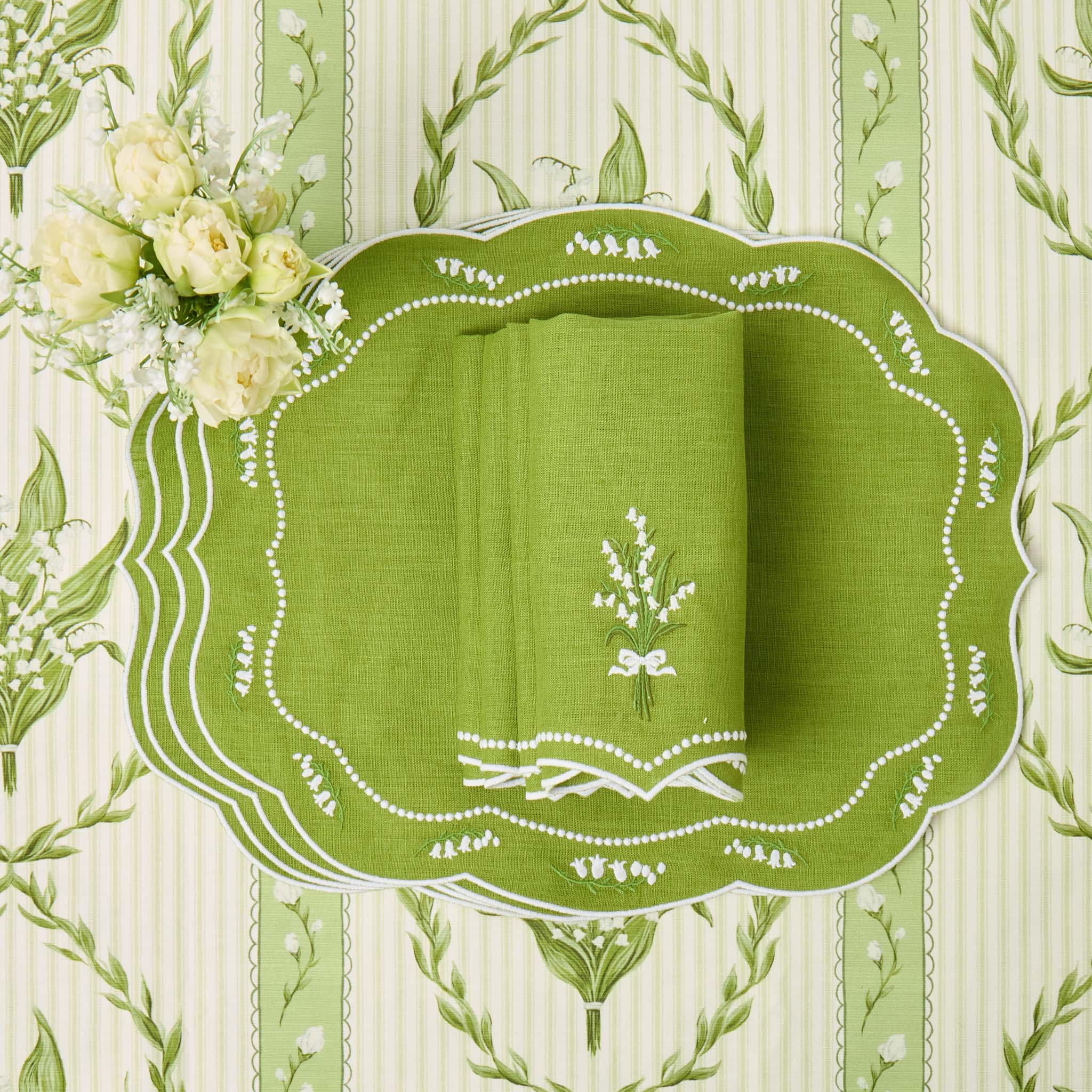 Lily of the Valley Eloise Green Linen Placemats & Napkins (Set of 4)