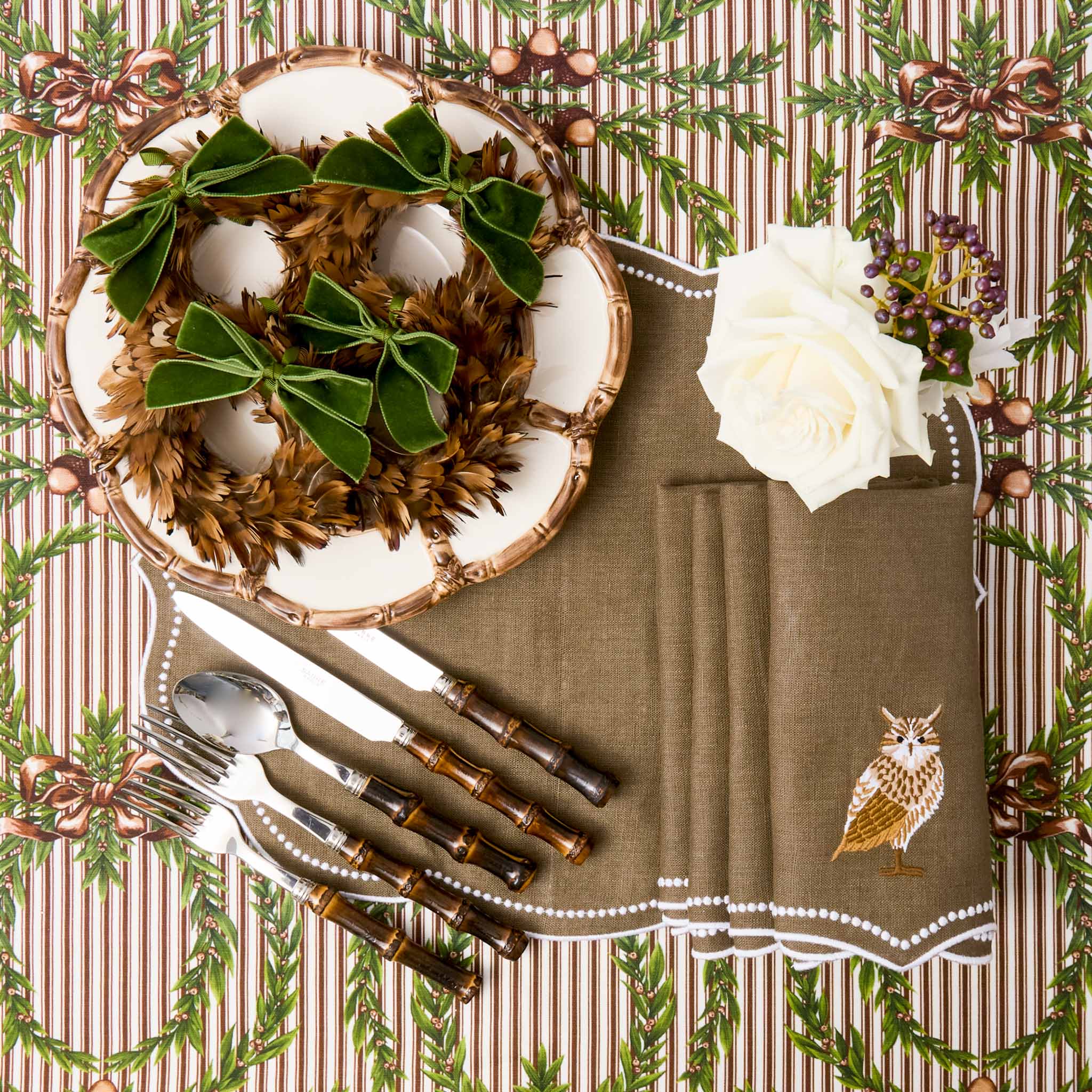 Feather Wreaths with Forest Green Velvet Bows (Set of 4)