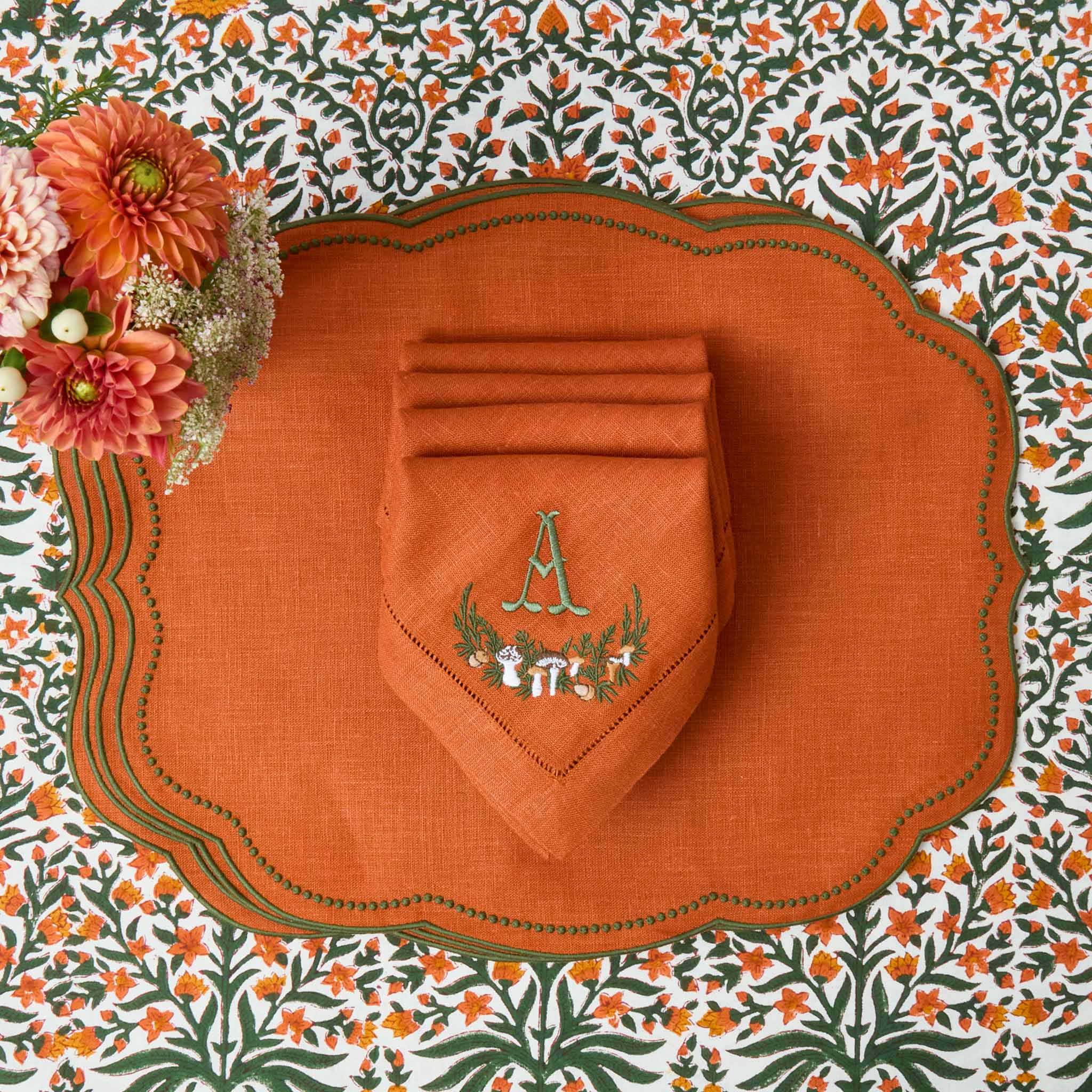 Eloise Orange & Green Linen Placemats & Mushroom Garland Napkins (Set of 4)