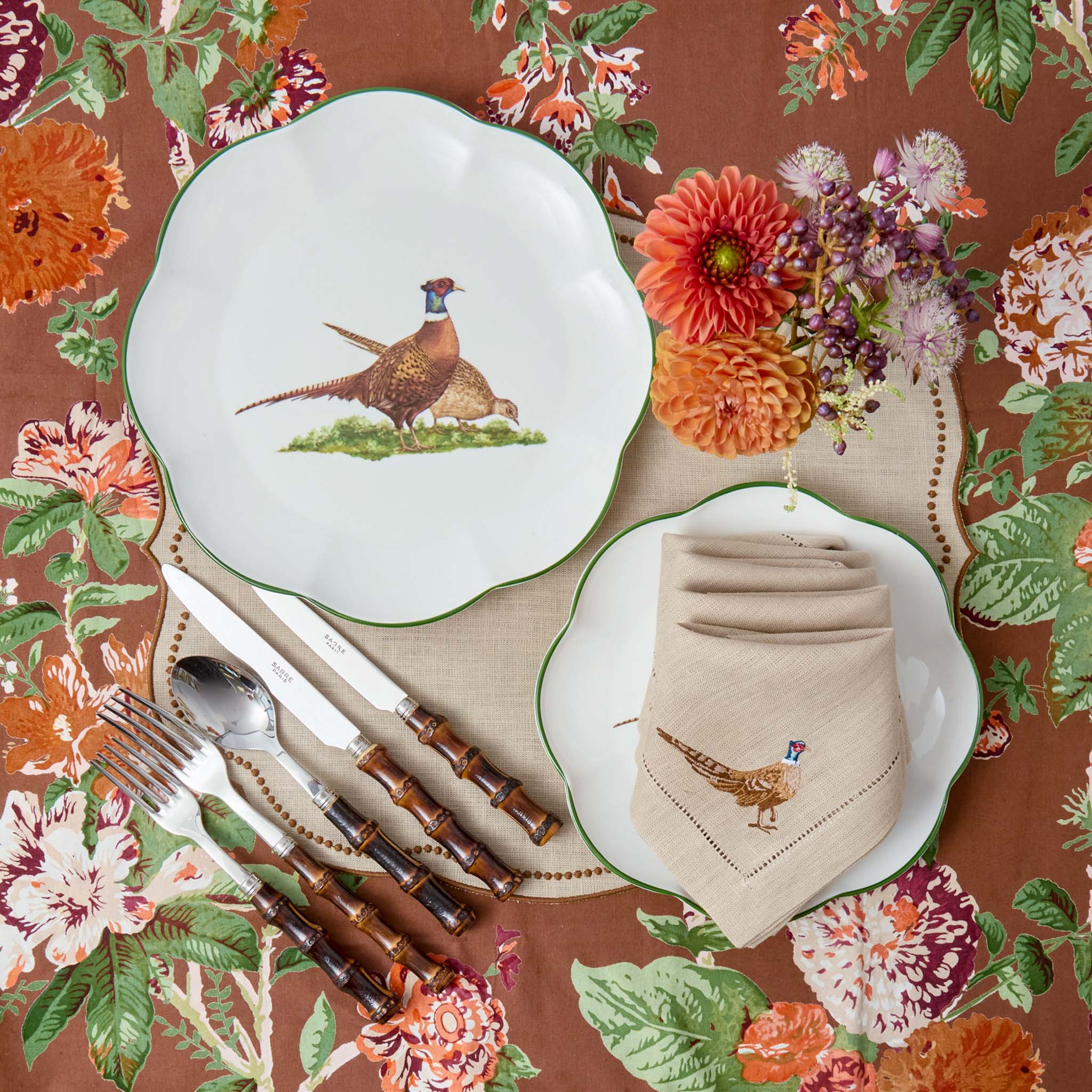 Eloise Taupe & Chocolate Linen Placemats & Pheasant Napkins (Set of 4)