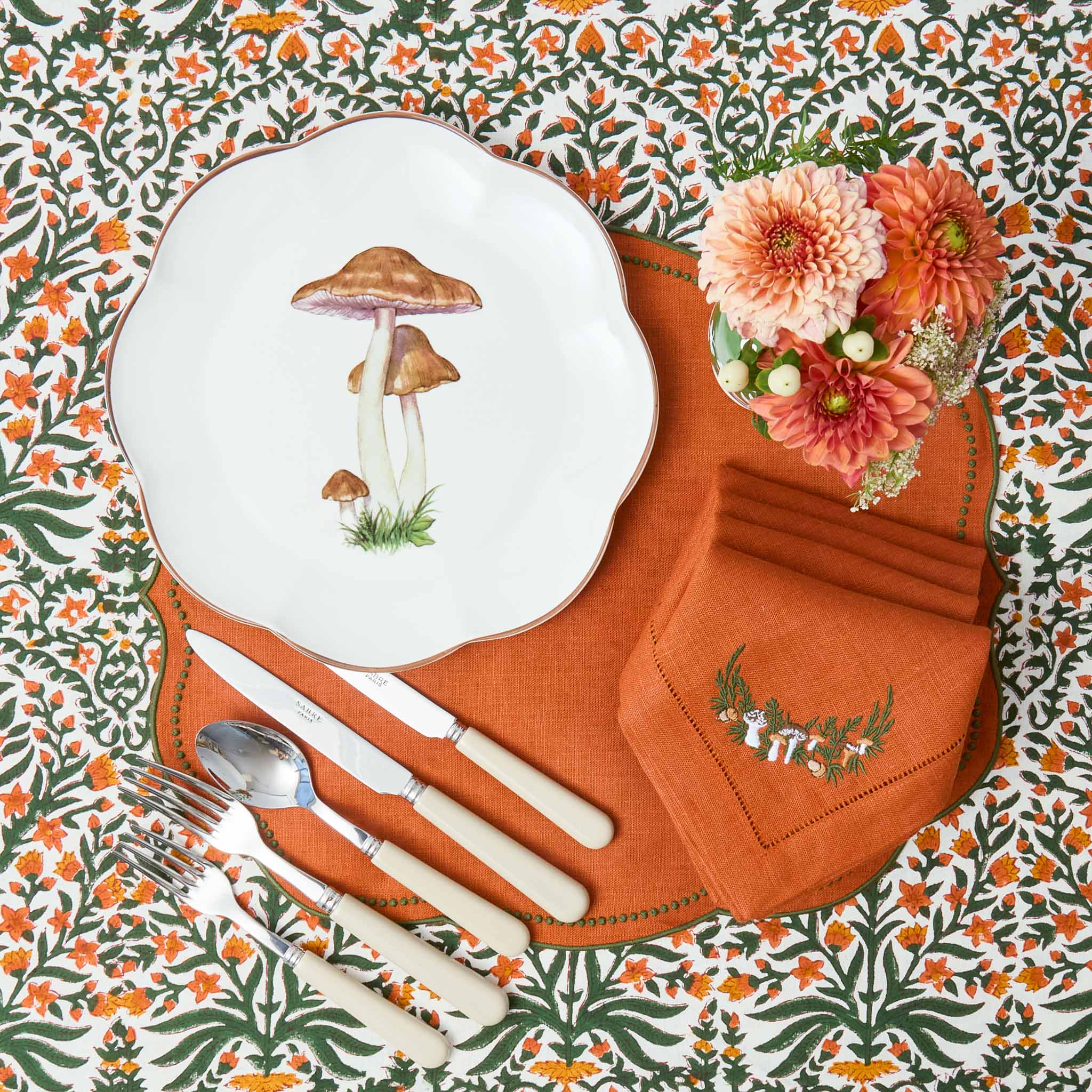 Eloise Orange & Green Linen Placemats & Mushroom Garland Napkins (Set of 4)