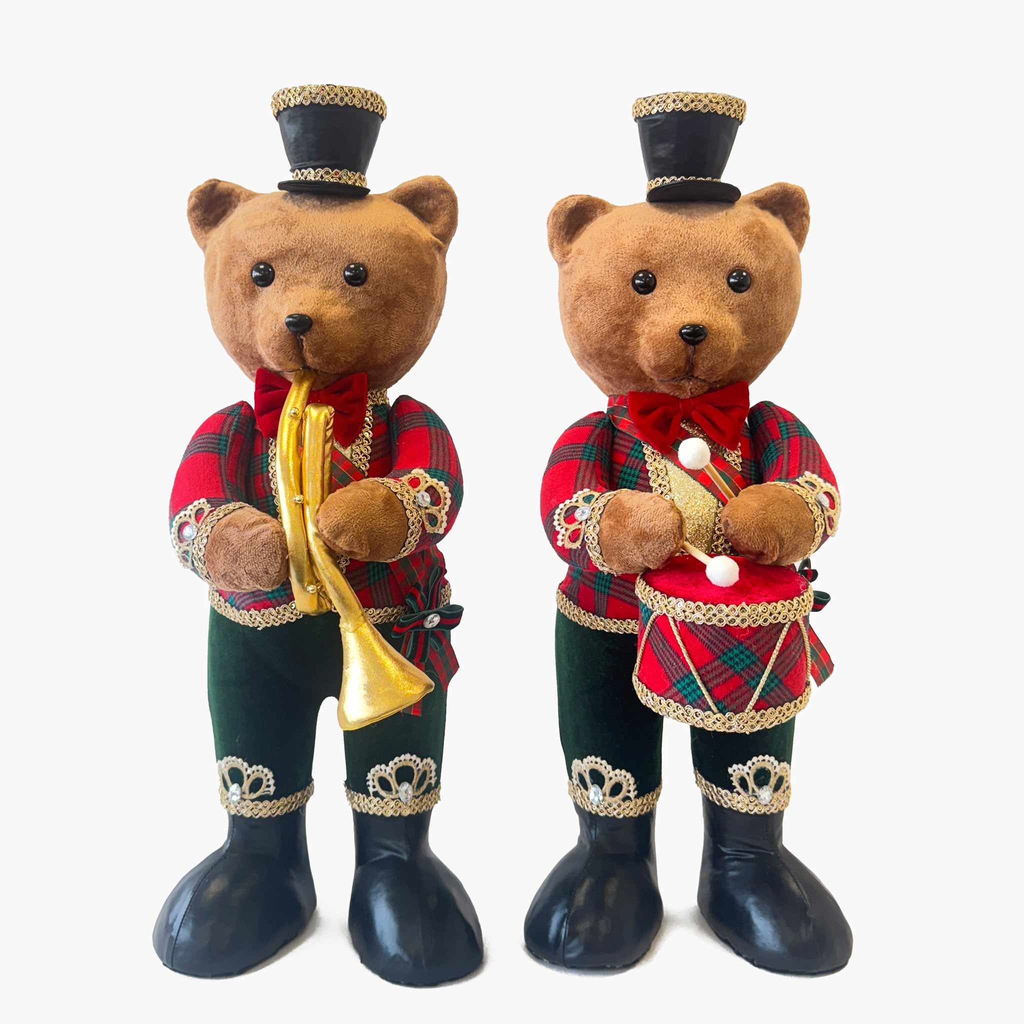 Two teddy bears in Scottish-themed costumes with instruments on a white background