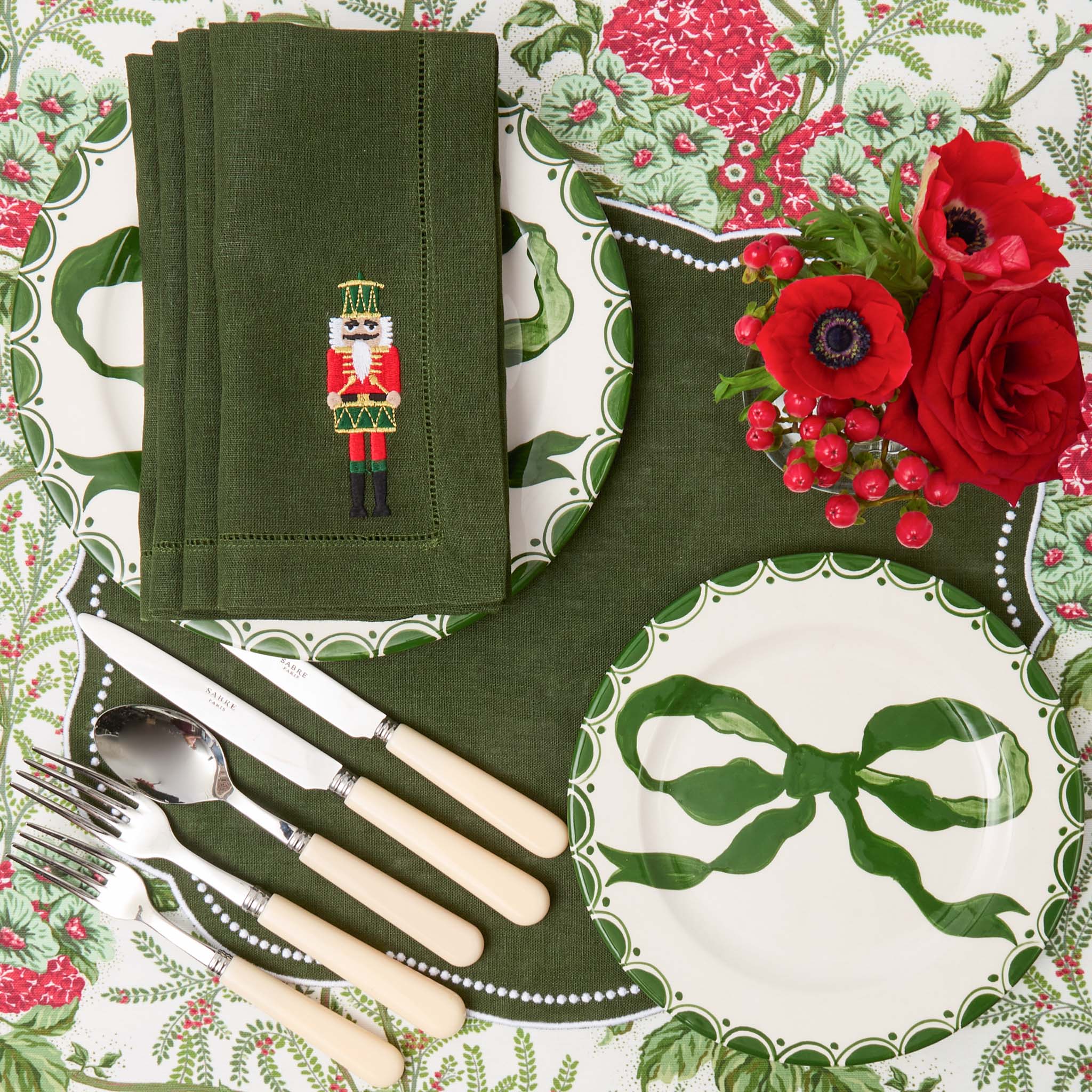 Forest Green Linen Embroidered Nutcracker Napkins (Set of 4)
