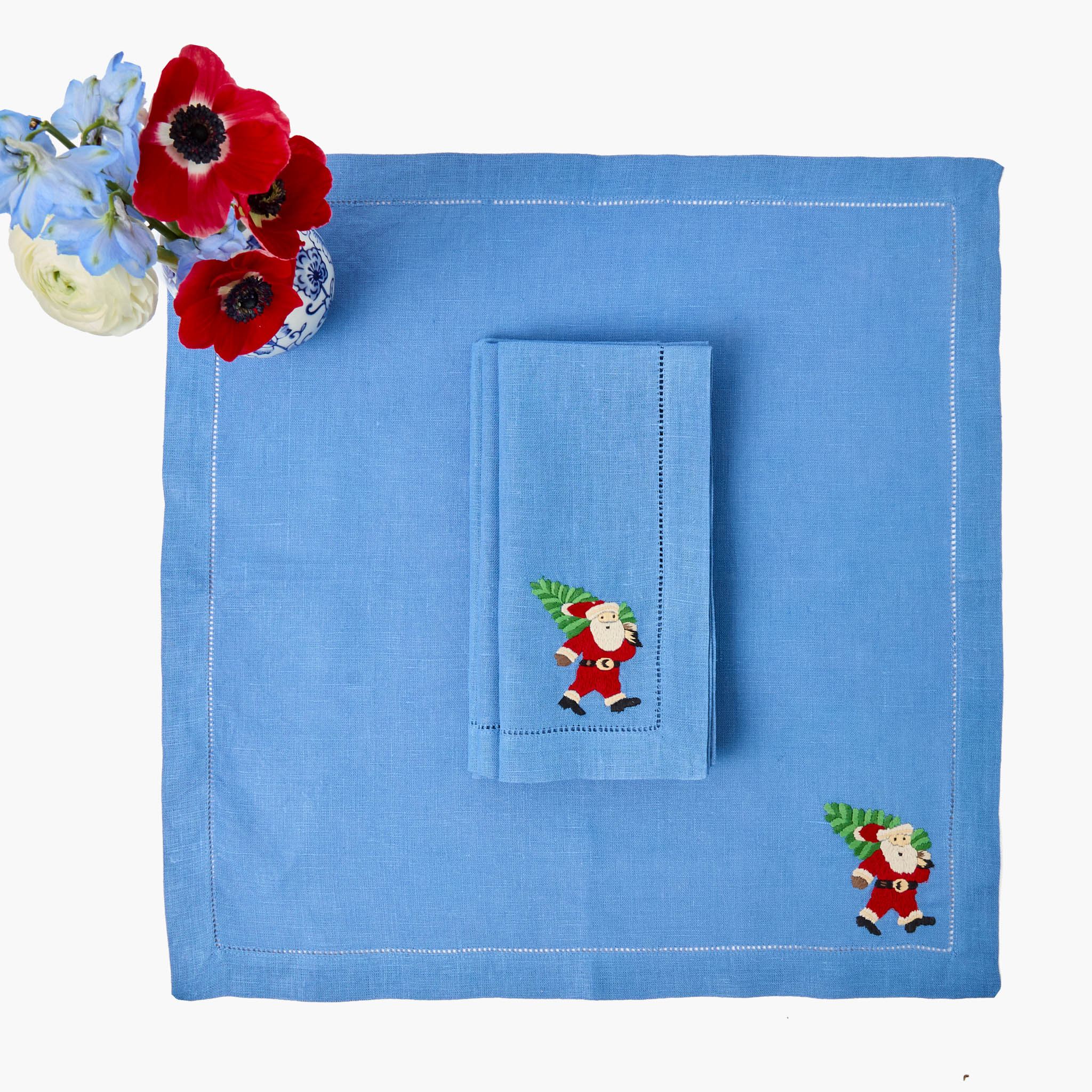 Blue & Red Hand Embroidered Father Christmas Napkins (Set of 4)