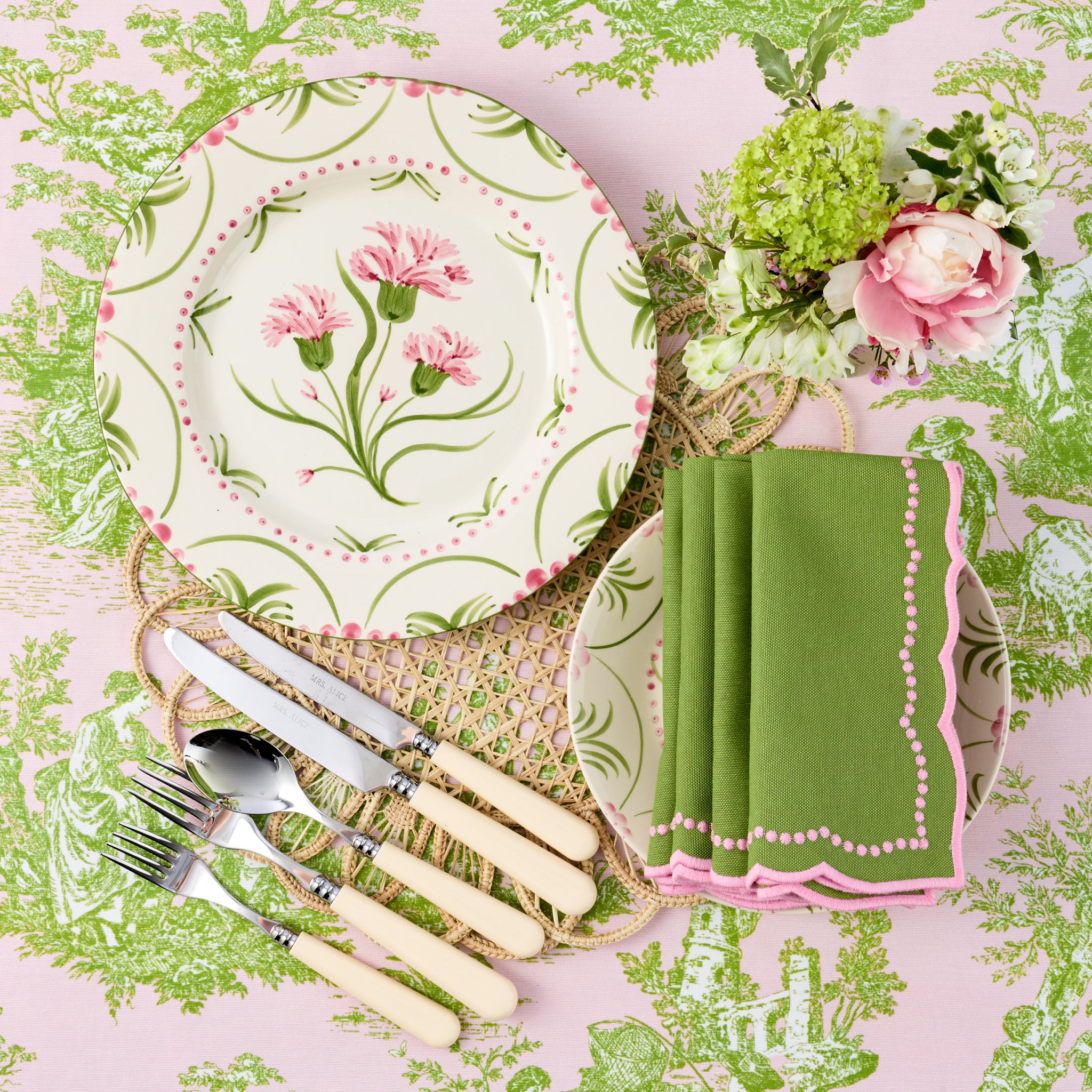 Pink & Green Ottilie Toile Tablecloth