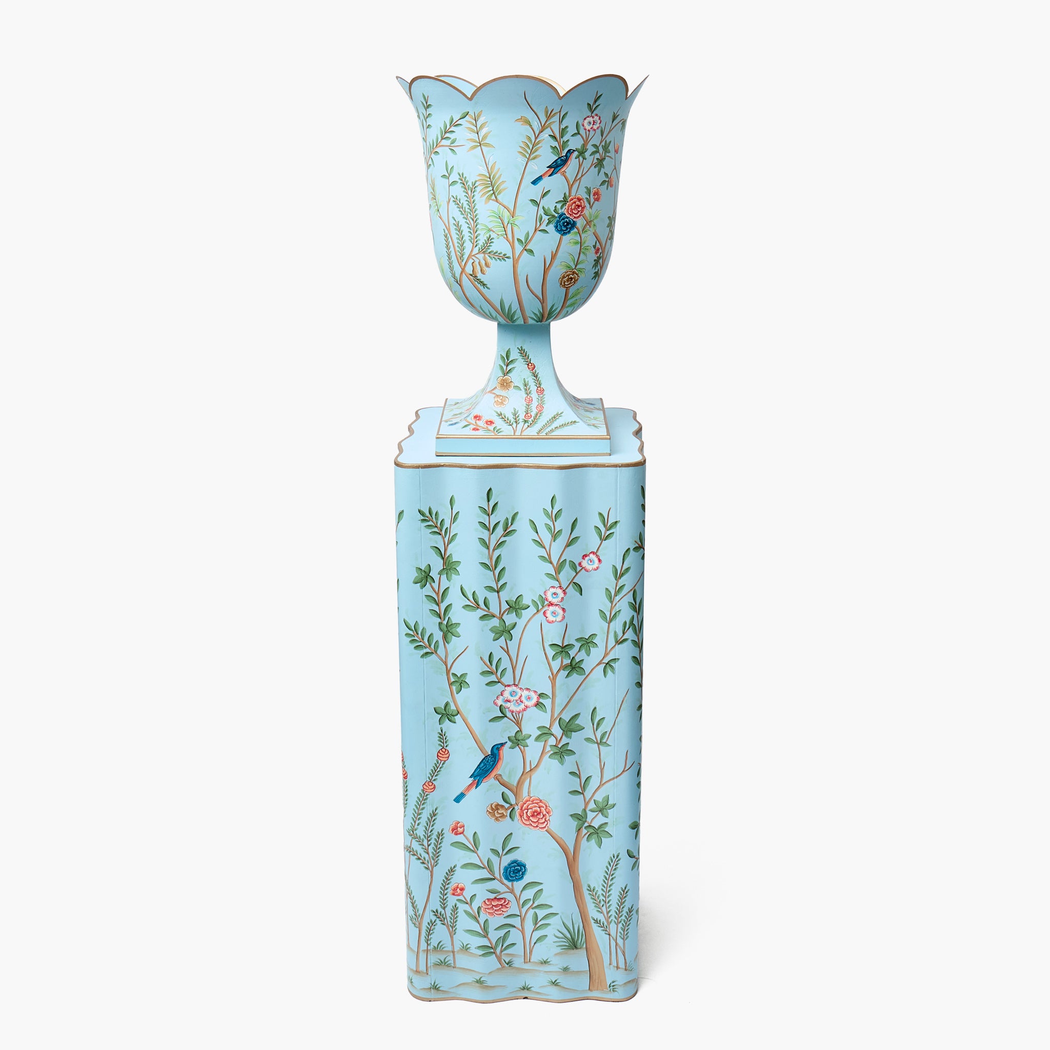 Blue Chinoiserie Tole Urn & Pedestal