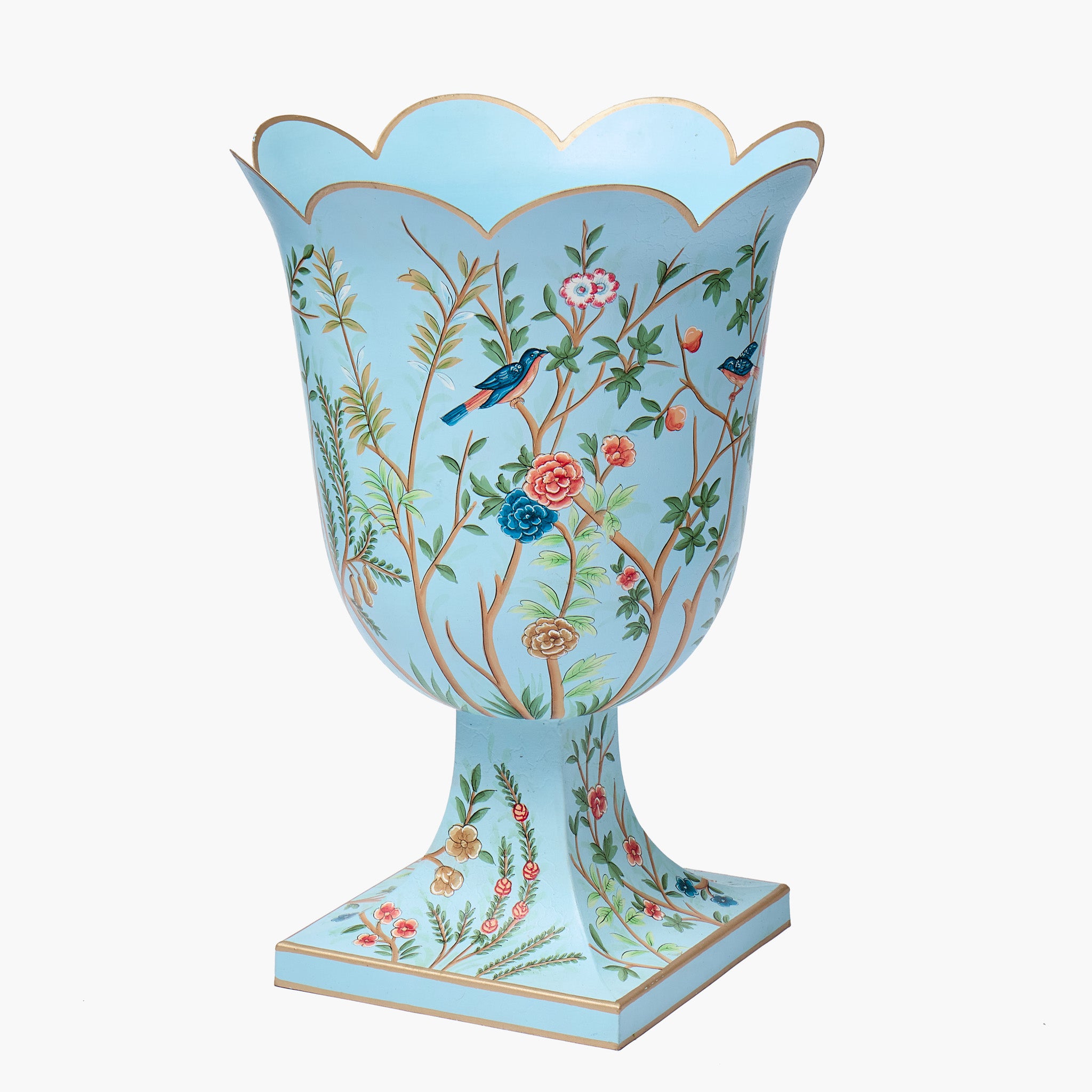 Blue Chinoiserie Tole Urn & Pedestal