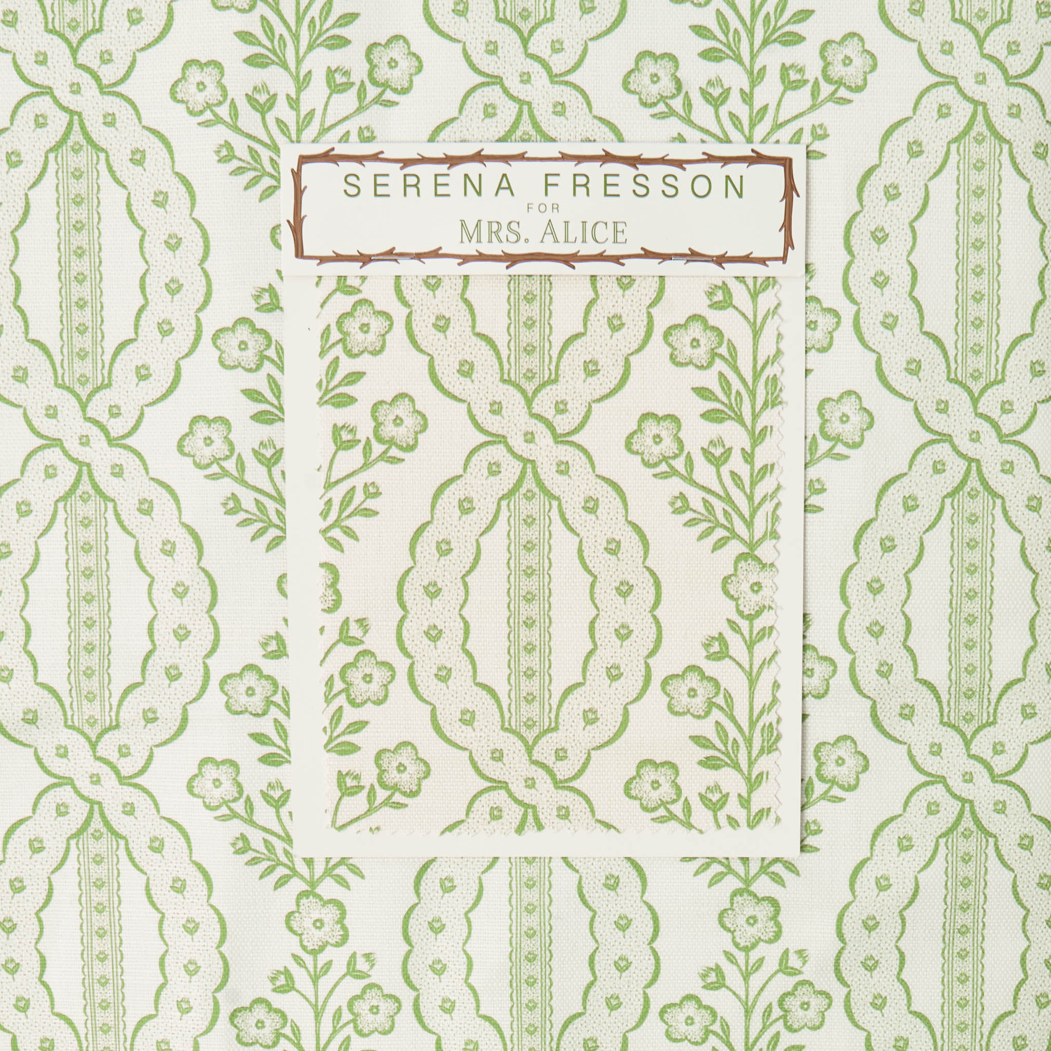 Patterned design with 'Serena Fresson' and 'Mrs. Alice' text on a green and white background