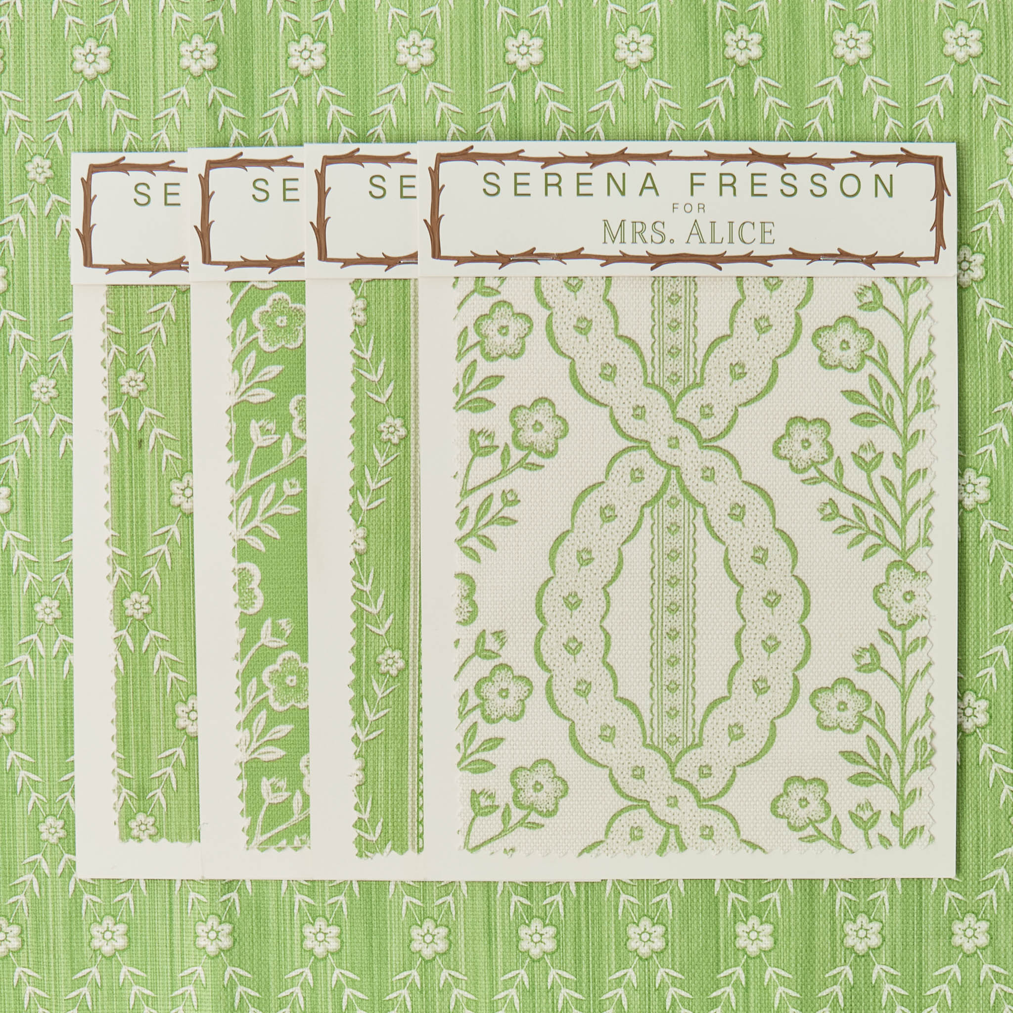 Decorative paper with floral patterns and text on a green and white striped background
