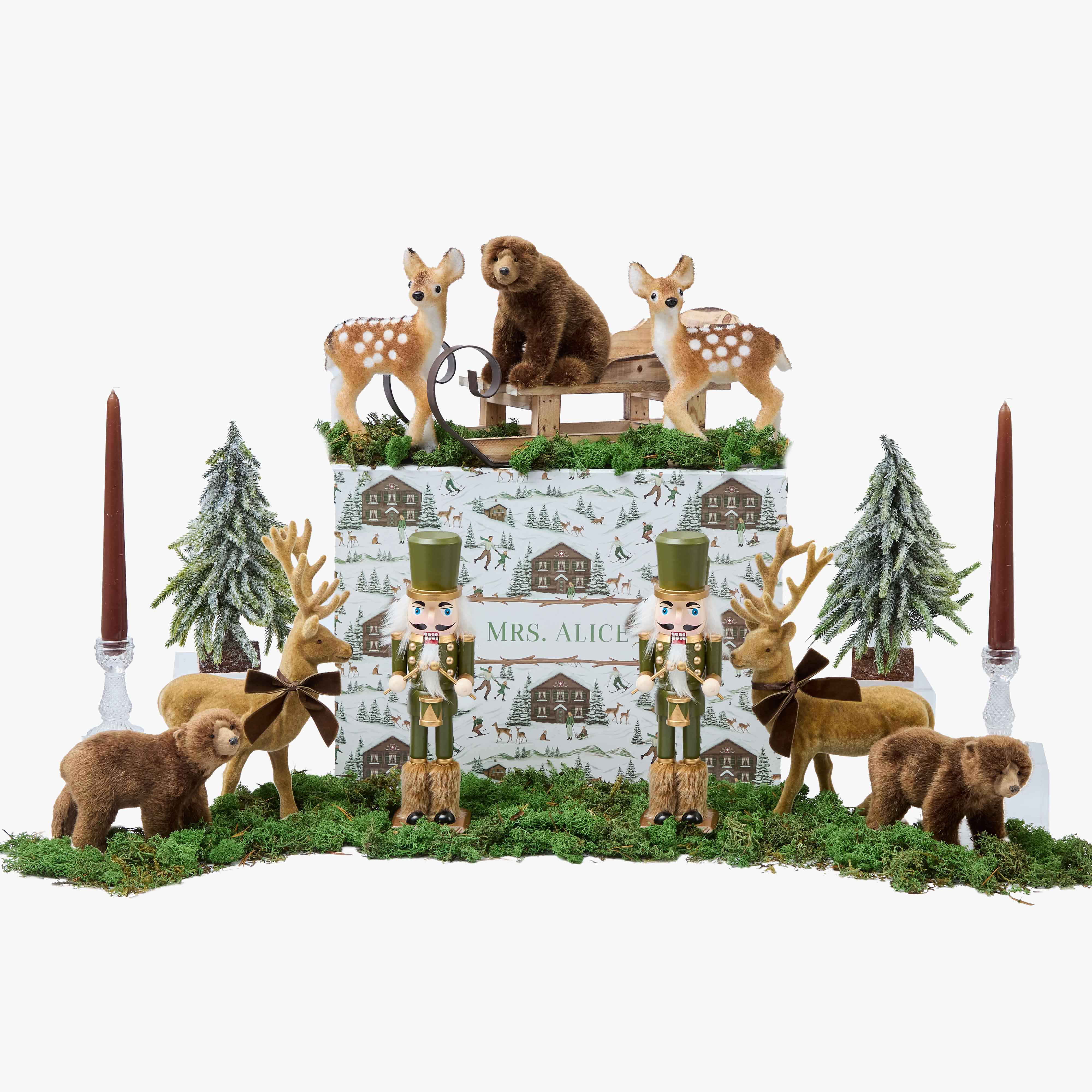 swiss alpine decorations with animals and a sign on a white background