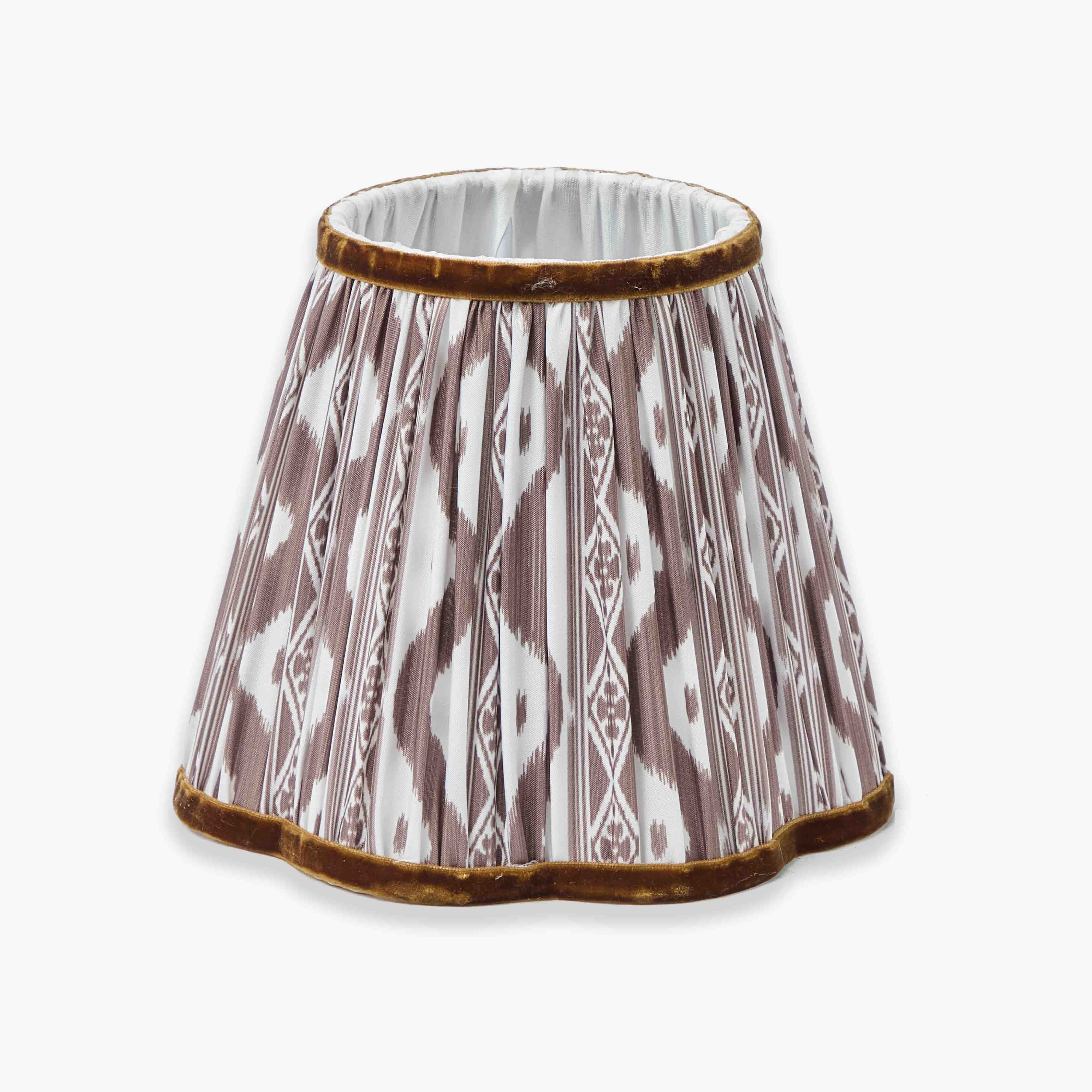 ikat Patterned lampshade with brown and white design on a white background