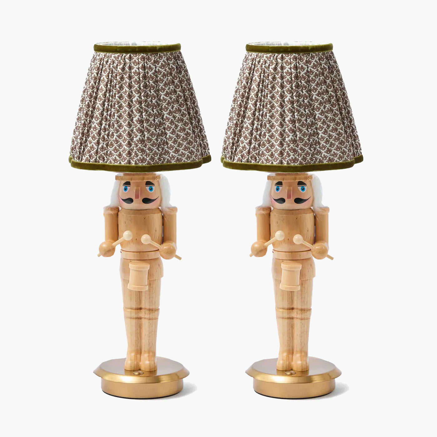 Pair of Nutcracker Rechargeable Lamp with Chocolate & Olive Lotus Shades (18cm)