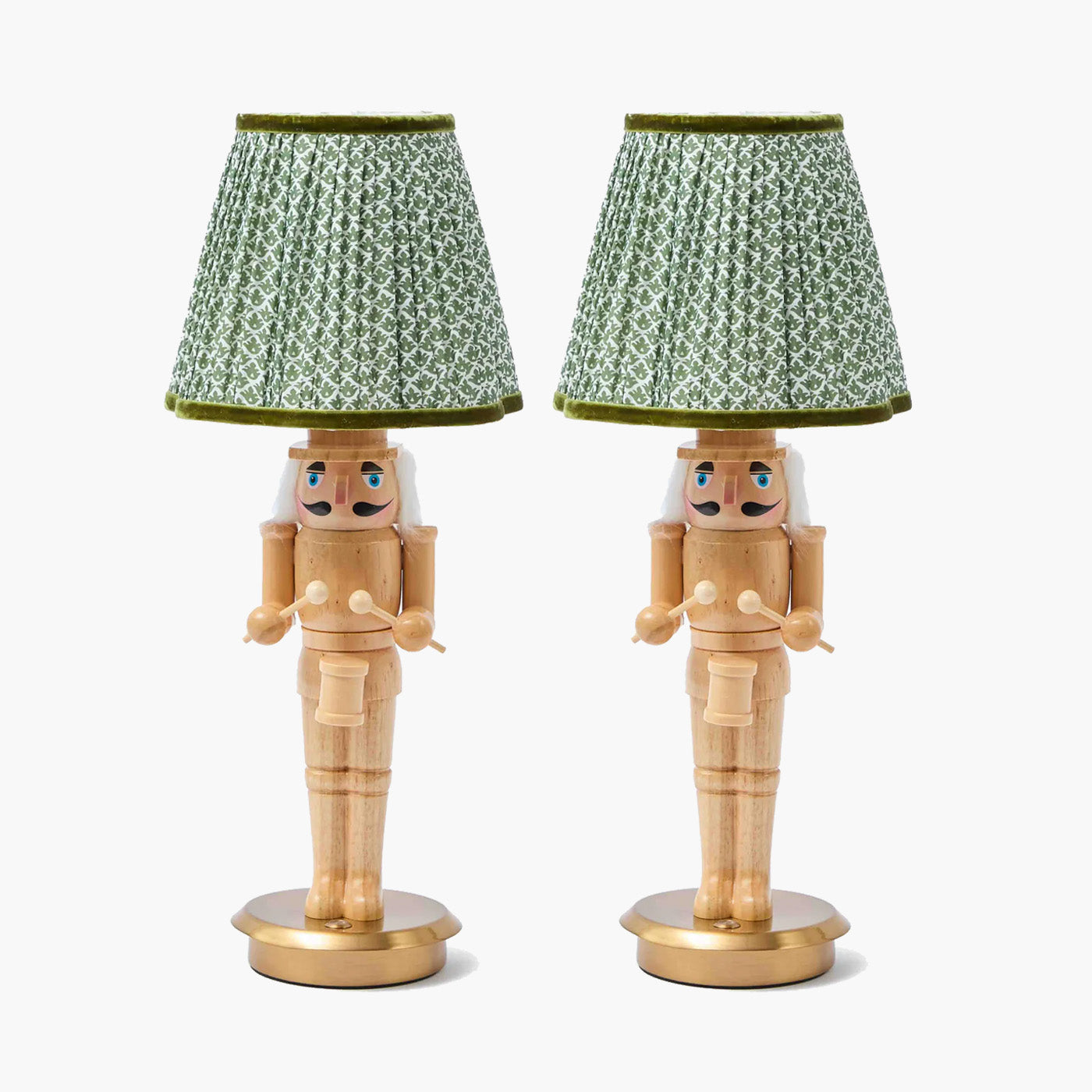 Pair of Nutcracker Rechargeable Lamps with Olive Lotus Shades (18cm)