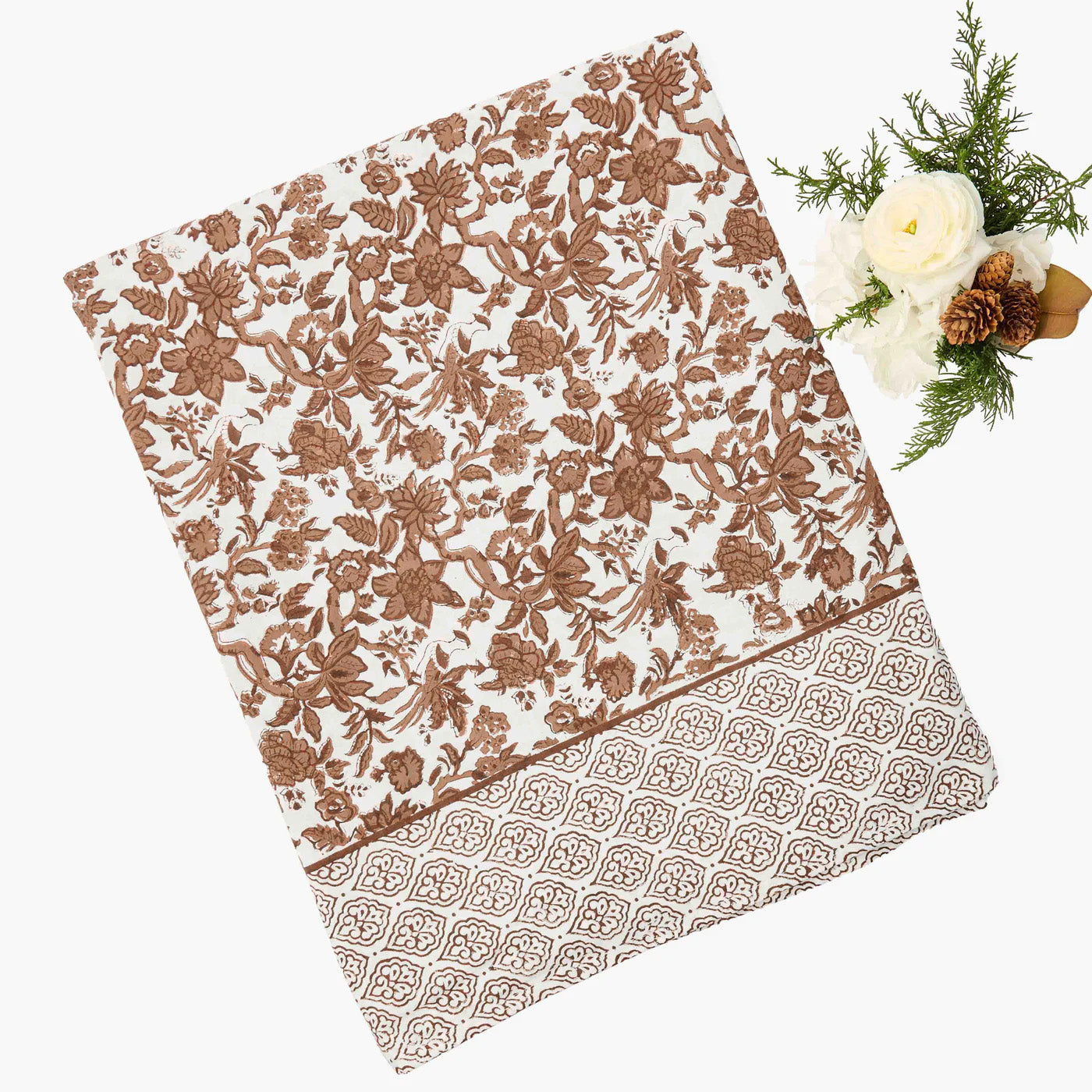 Floral-patterned fabric with a geometric border on a white background