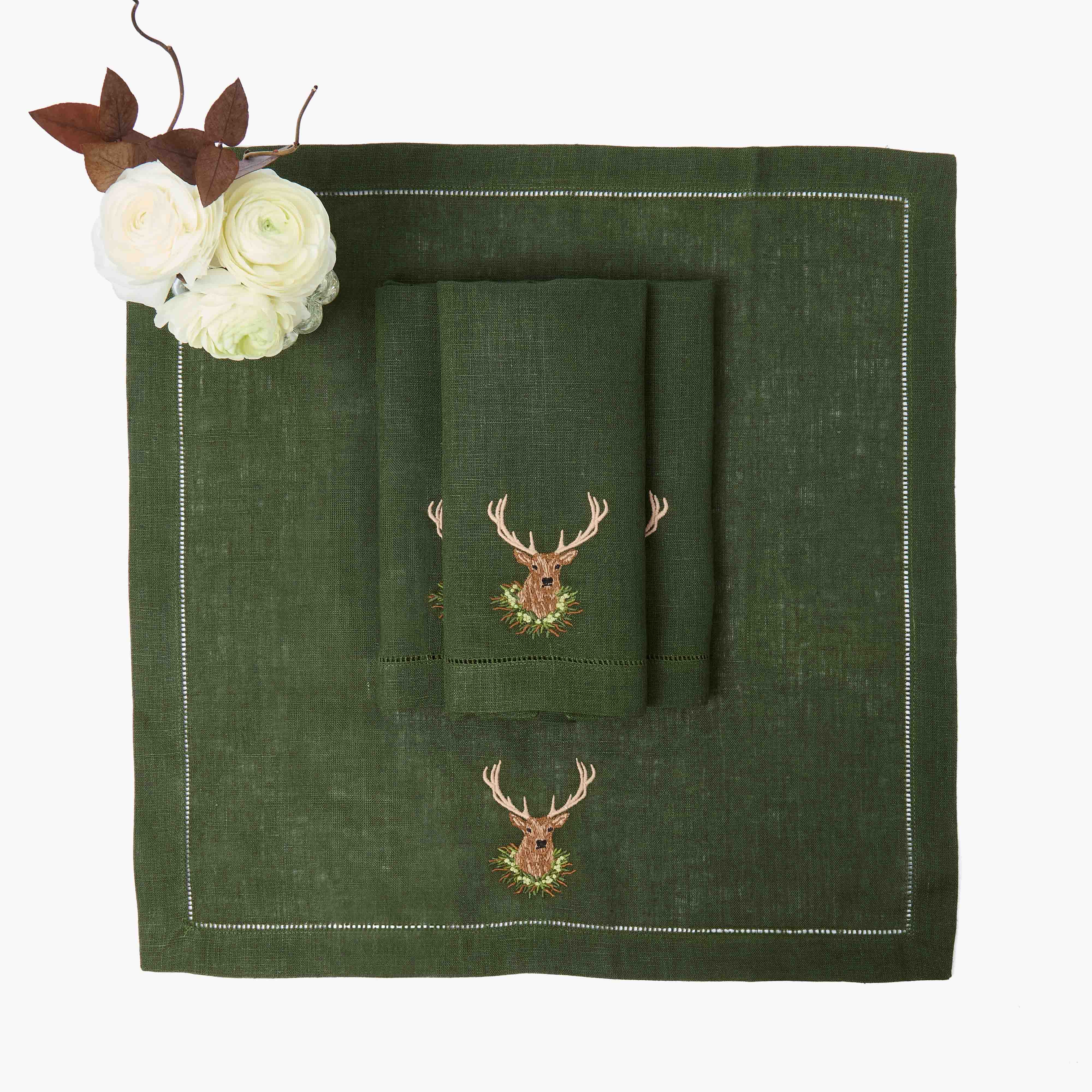 Forest Green Linen Embroidered Stag Napkins (Set of 4)