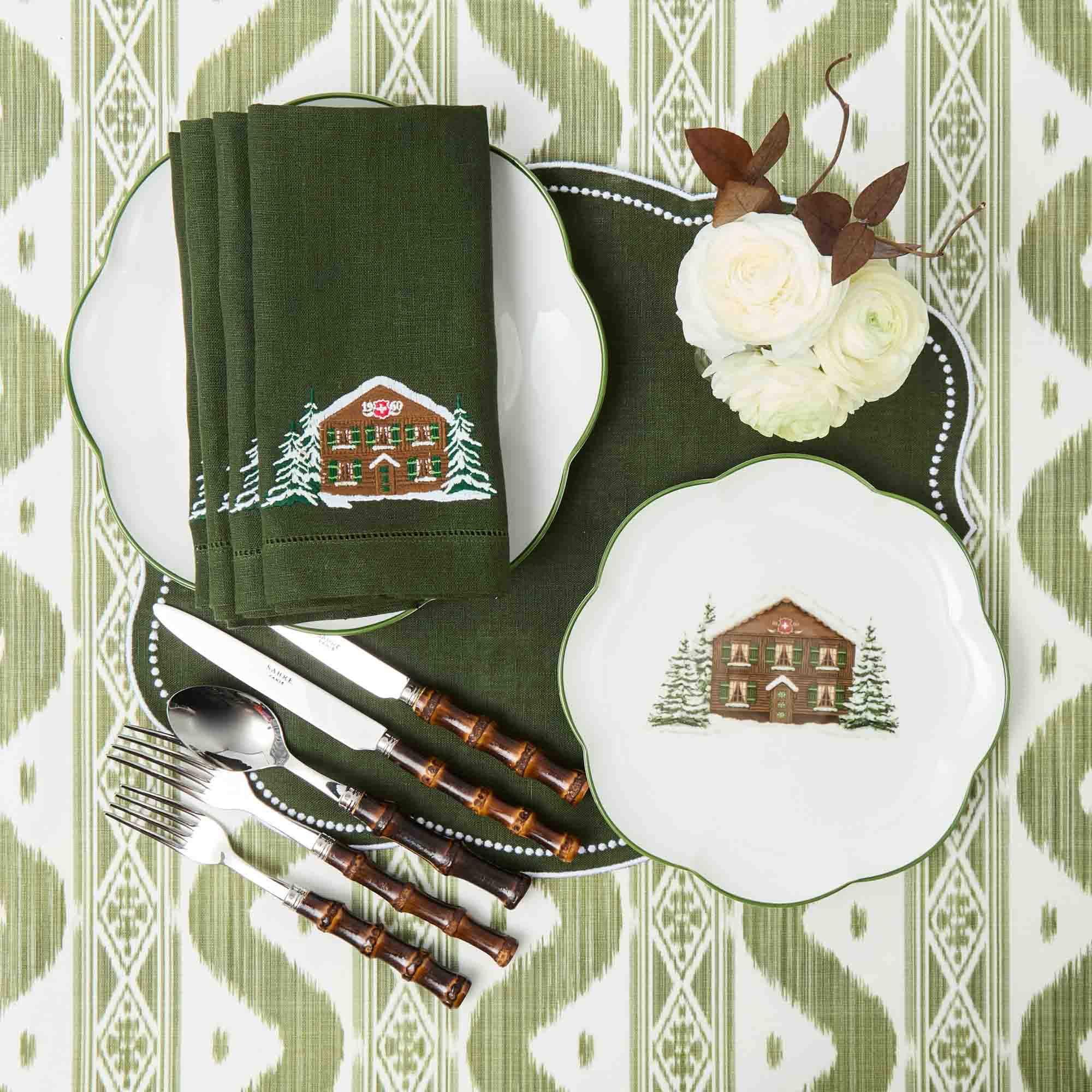 Eloise Forest Green Linen Placemats & Chalet Napkins (Set of 4)