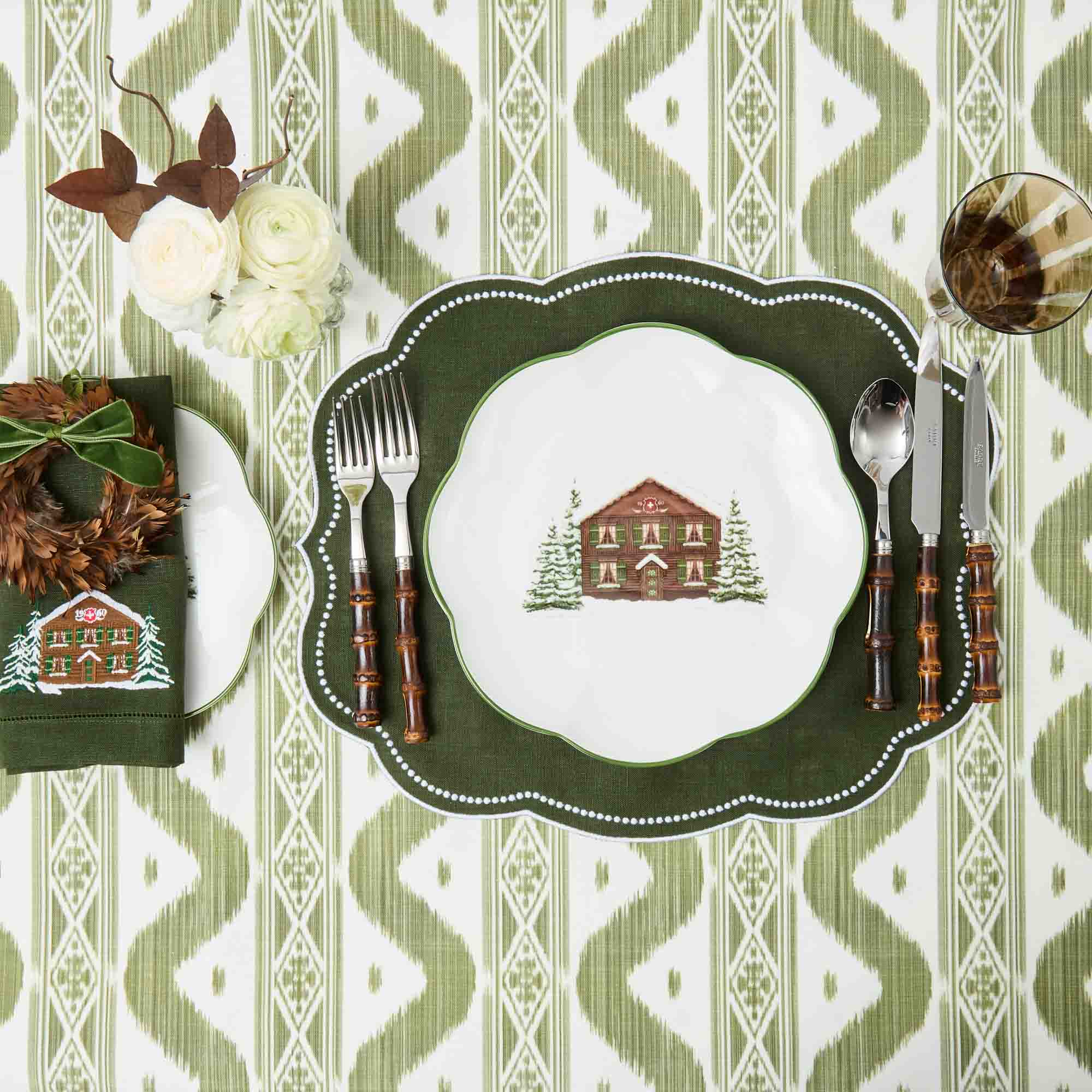 Eloise Forest Green Linen Placemats & Chalet Napkins (Set of 4)